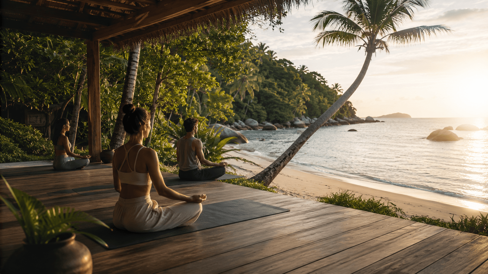 A wellness retreat session on Koh Phangan's western coast, framed around rest rather than nightlife.