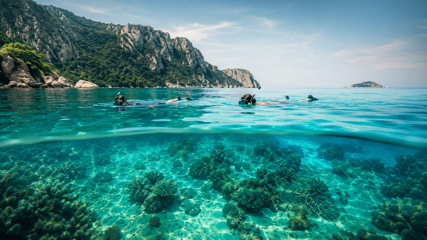 Snorkelers observing a reef near Koh Tao without touching the coral.