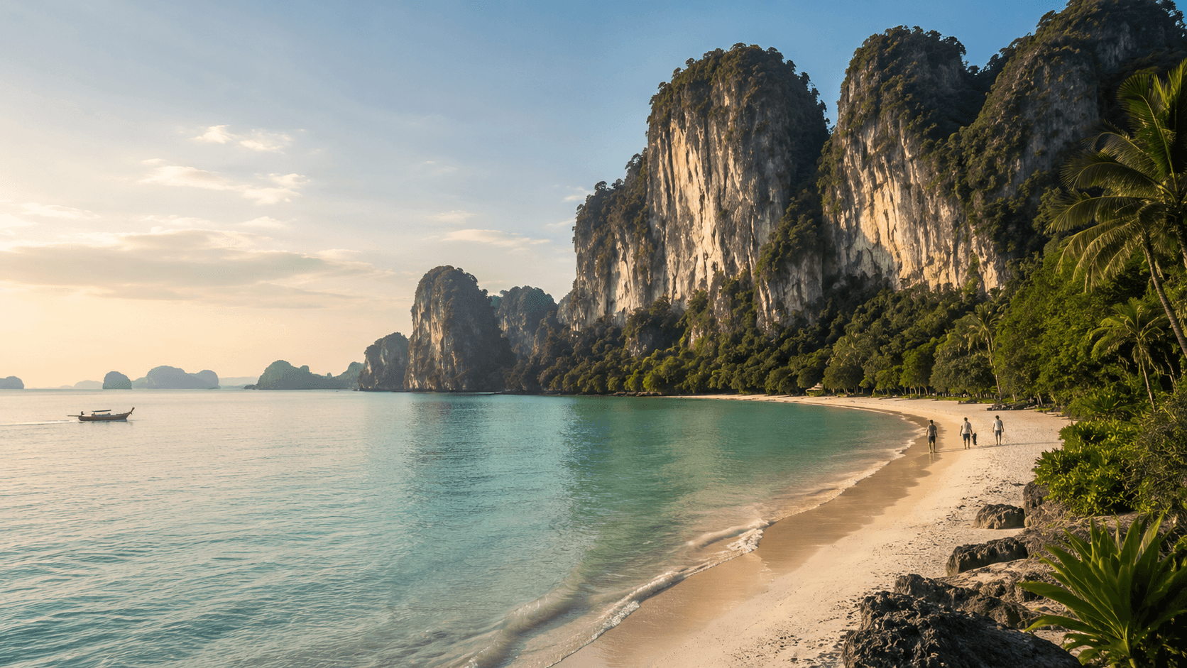 The limestone cliffs of Railay Beach in Krabi under calm conditions.