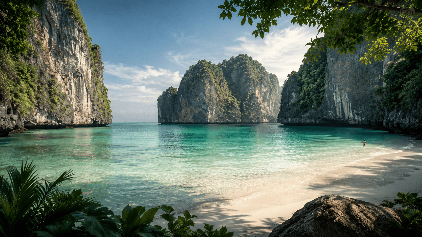 Limestone cliffs enclosing the calm turquoise waters of Maya Bay.