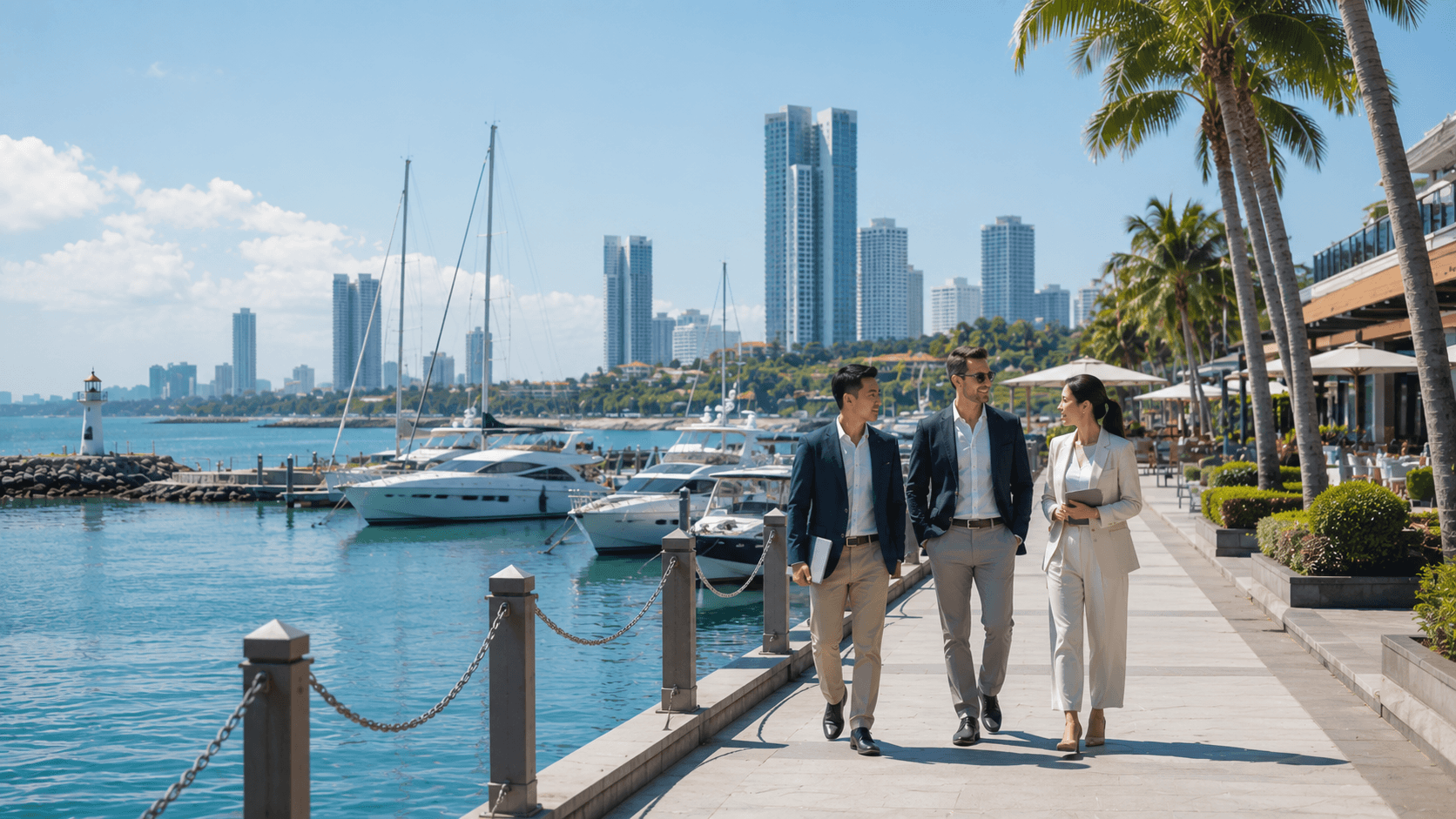 Business travelers walking along a marina promenade on Pattaya's coastal business district.