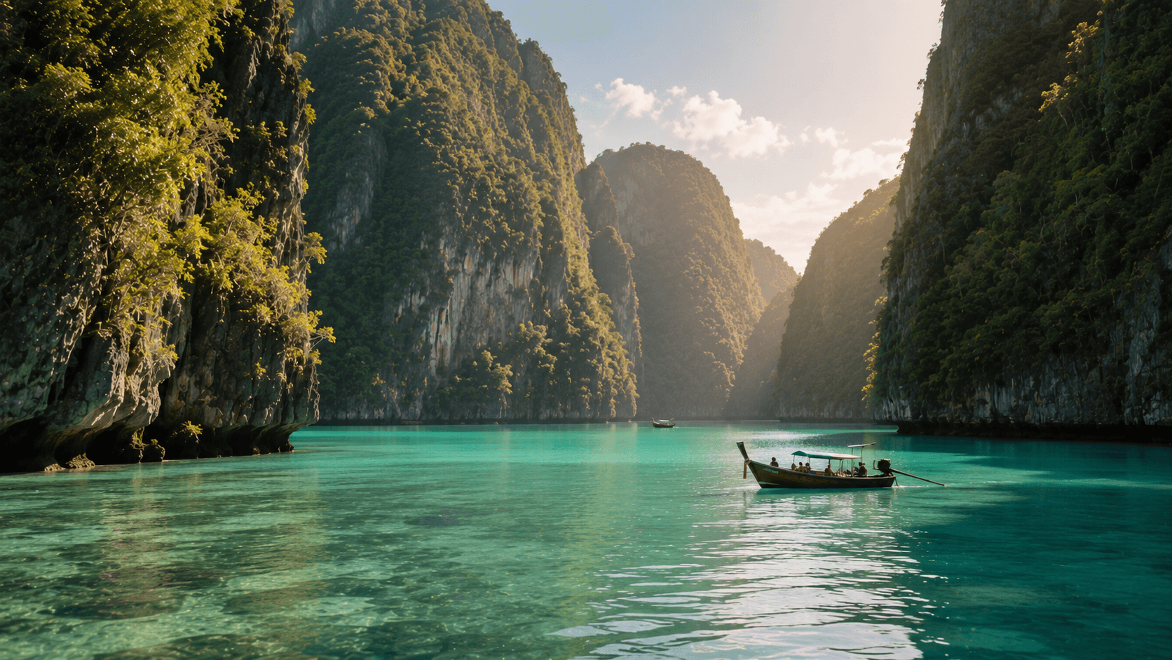 The calm, enclosed waters of Pileh Lagoon surrounded by limestone cliffs.