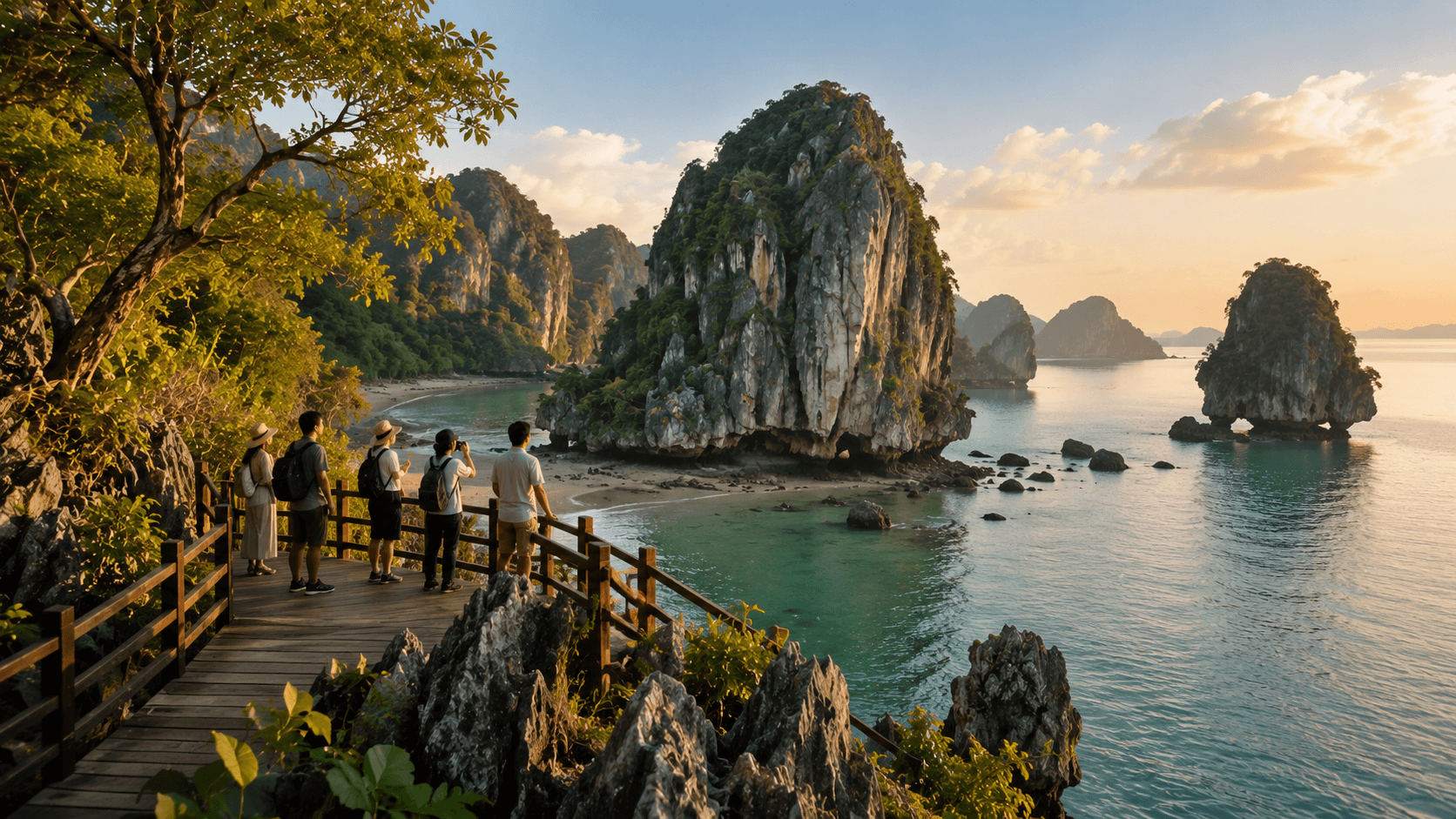 Visitors viewing the limestone karst scenery of Satun's coastal Geopark heritage area.