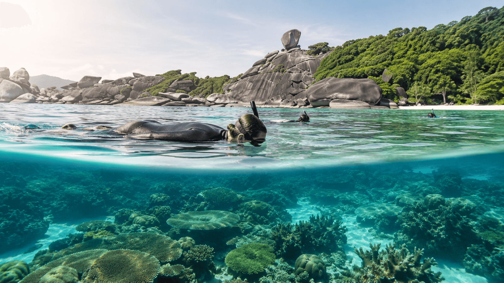 Snorkelers observing reef life near the Similan Islands without touching coral.