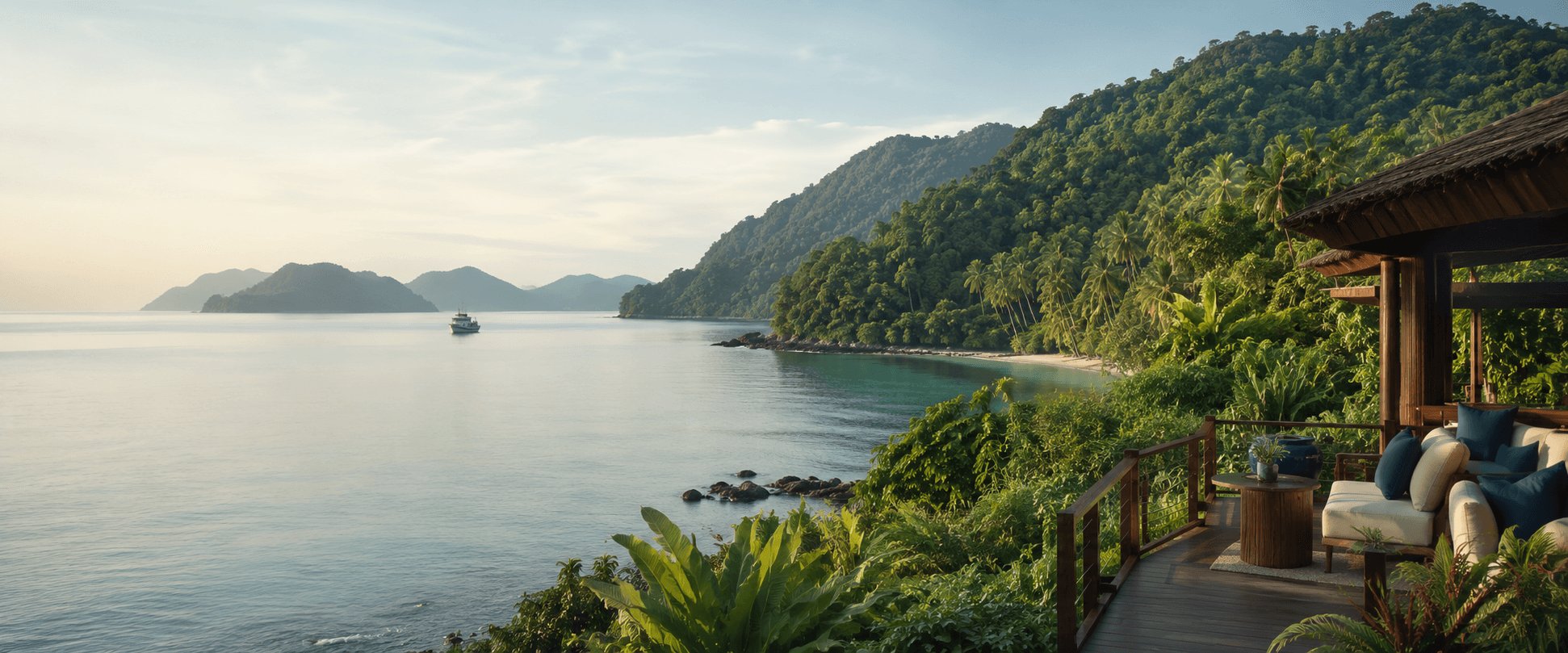 A forested island coastline at Koh Chang with a calm bay in the foreground.