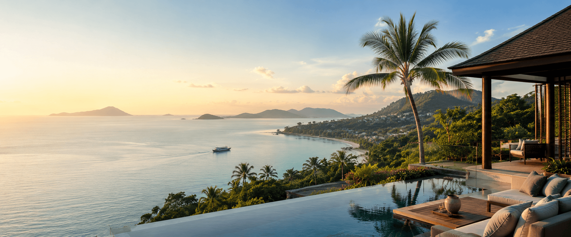 A coastal sunset view over Koh Samui with hillside villas and a quiet beach below.