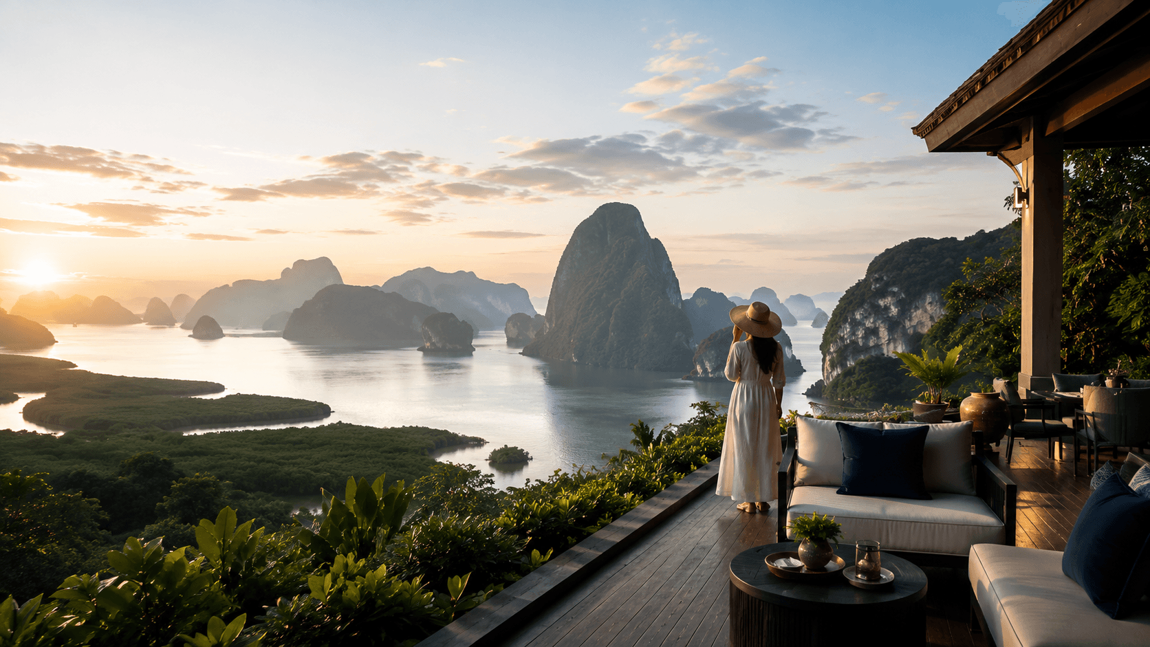 A limestone island rock formation rising from clear turquoise water near Krabi, with a traditional longtail boat nearby.