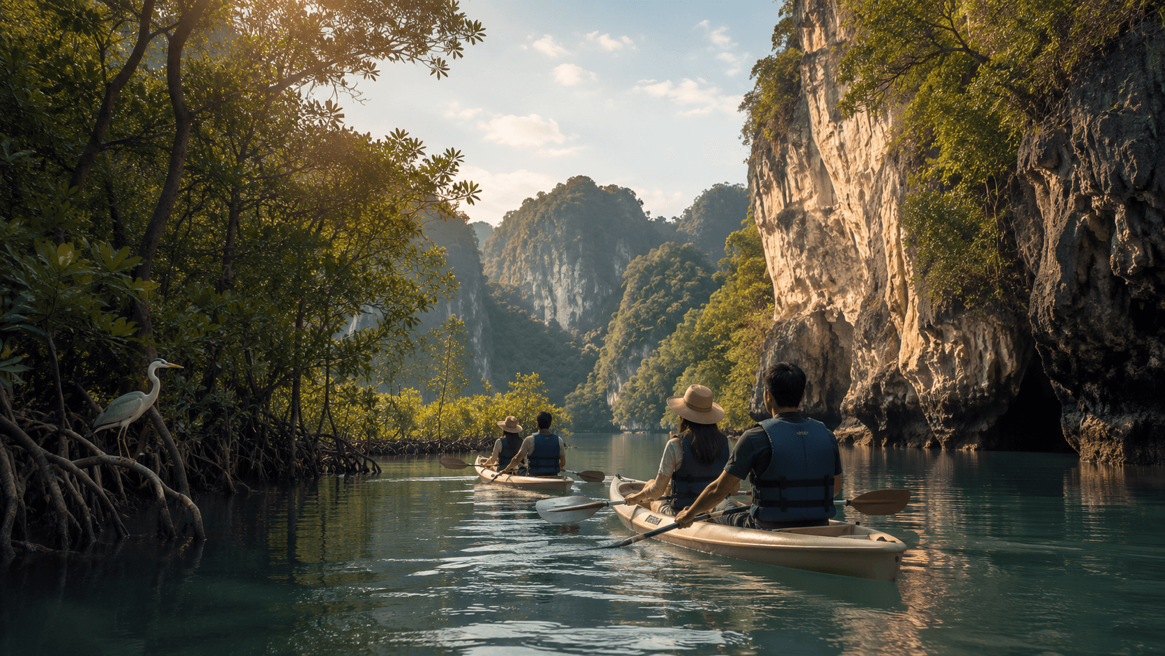 A couple kayaking through a mangrove-lined channel with limestone cliffs in the background.
