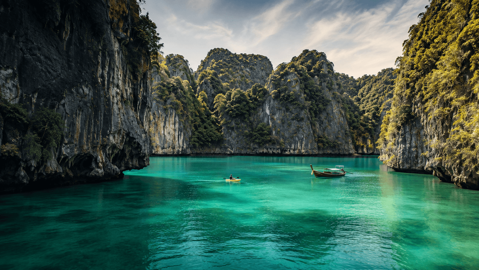 Limestone cliffs framing a turquoise bay at Phi Phi, with a longtail boat in the foreground.