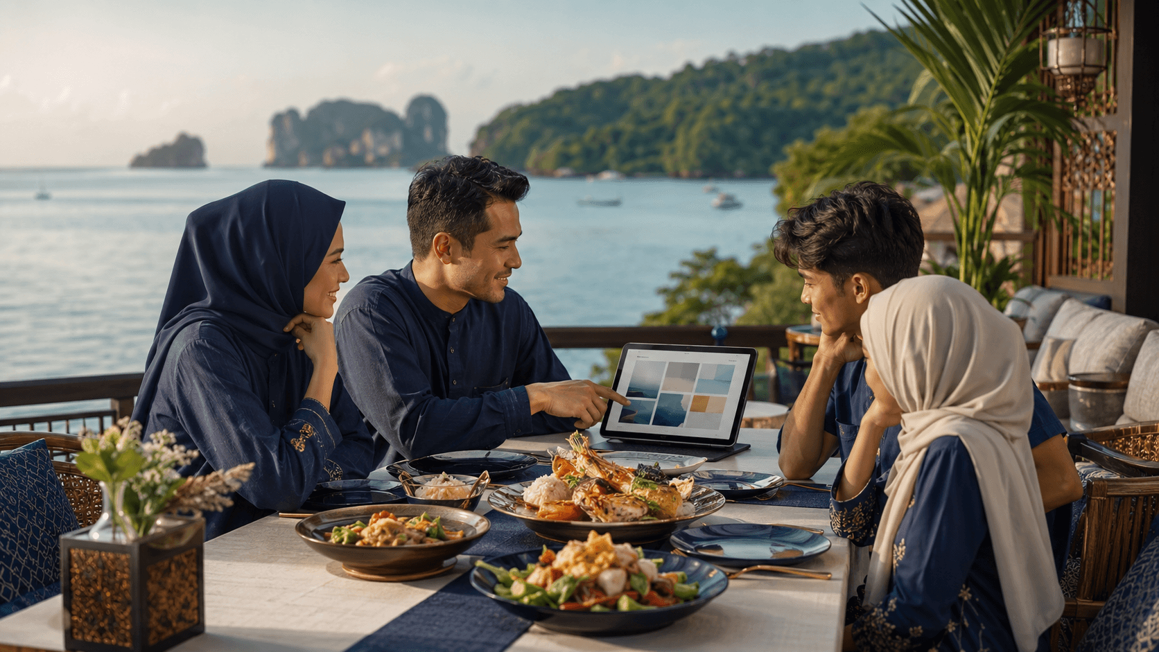 A family planning a halal-conscious island itinerary together at a coastal table.
