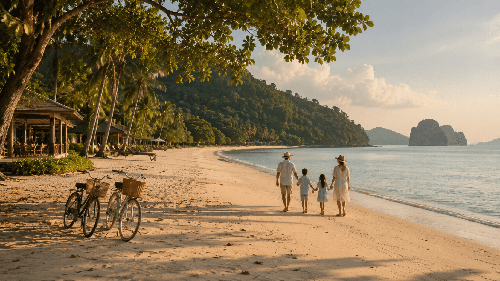 A family reviewing resort options together while planning an island stay.