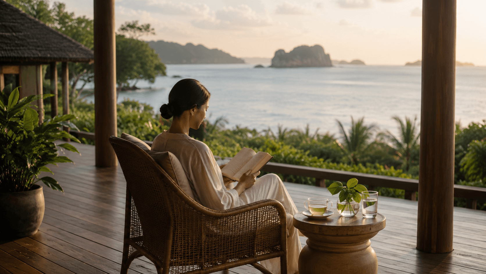 A considered, higher-comfort island journey being planned in a relaxed coastal setting.
