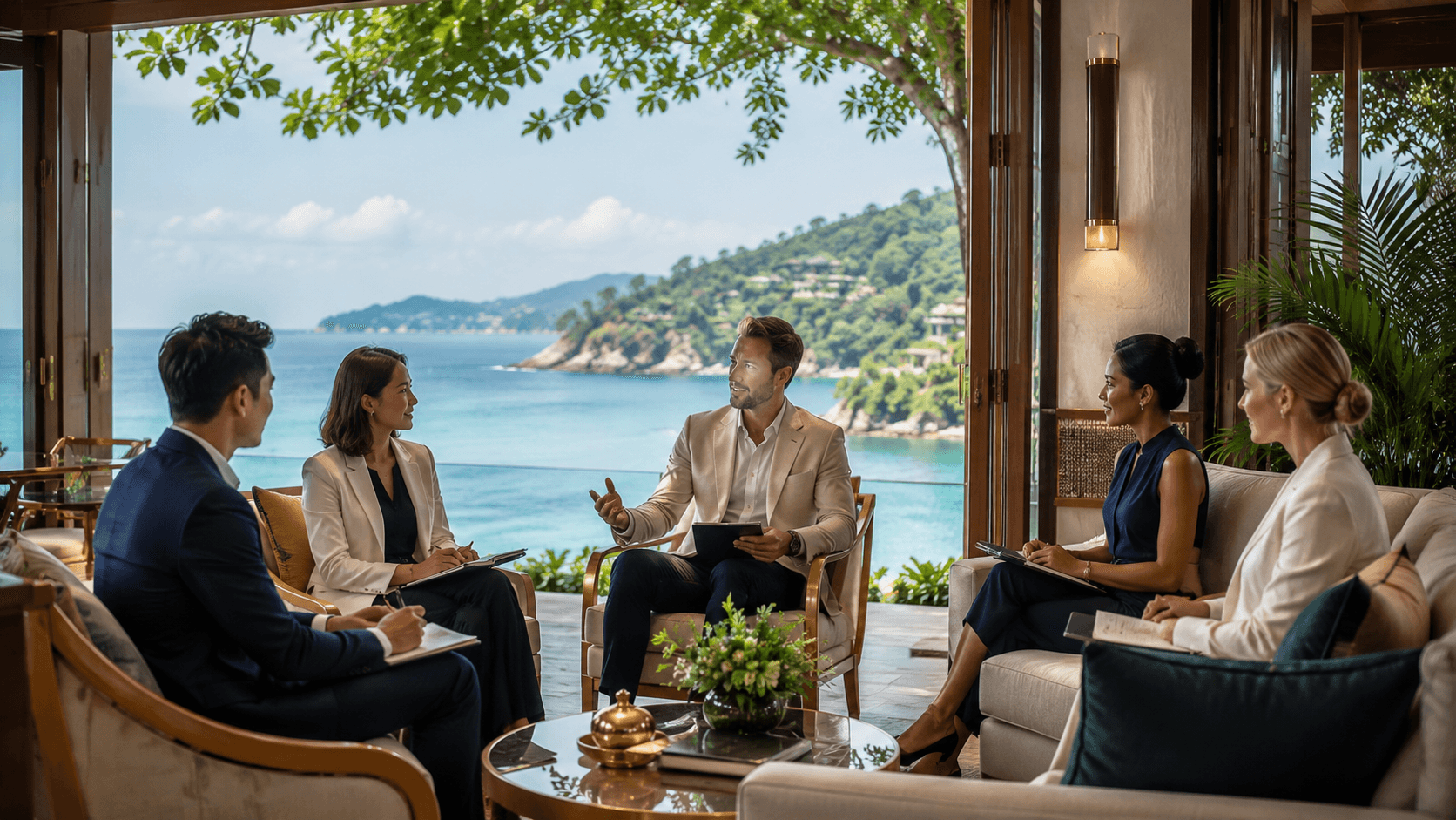 A small professional group planning a coastal retreat itinerary together.