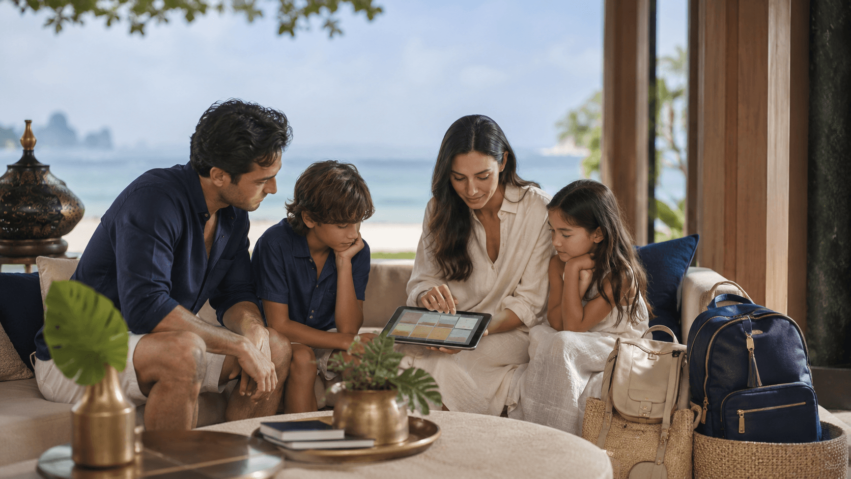 A family of four reviewing a travel itinerary together in a relaxed setting.