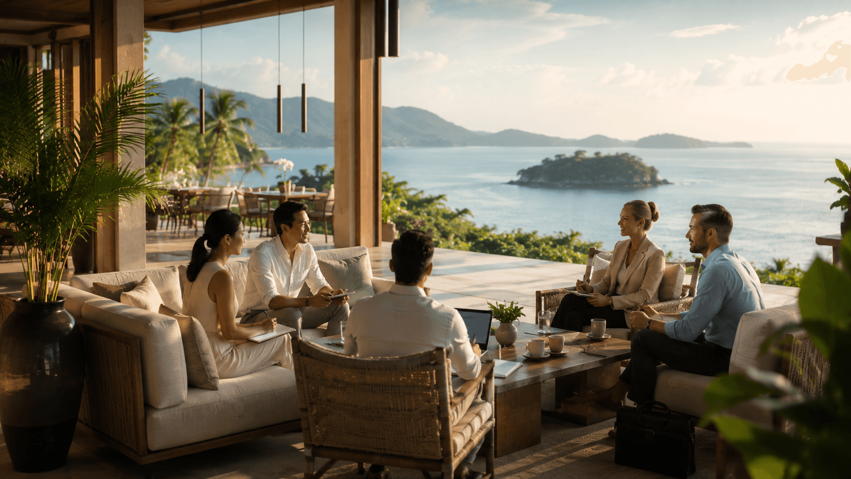 A small professional group in conversation on a coastal terrace overlooking a marina.