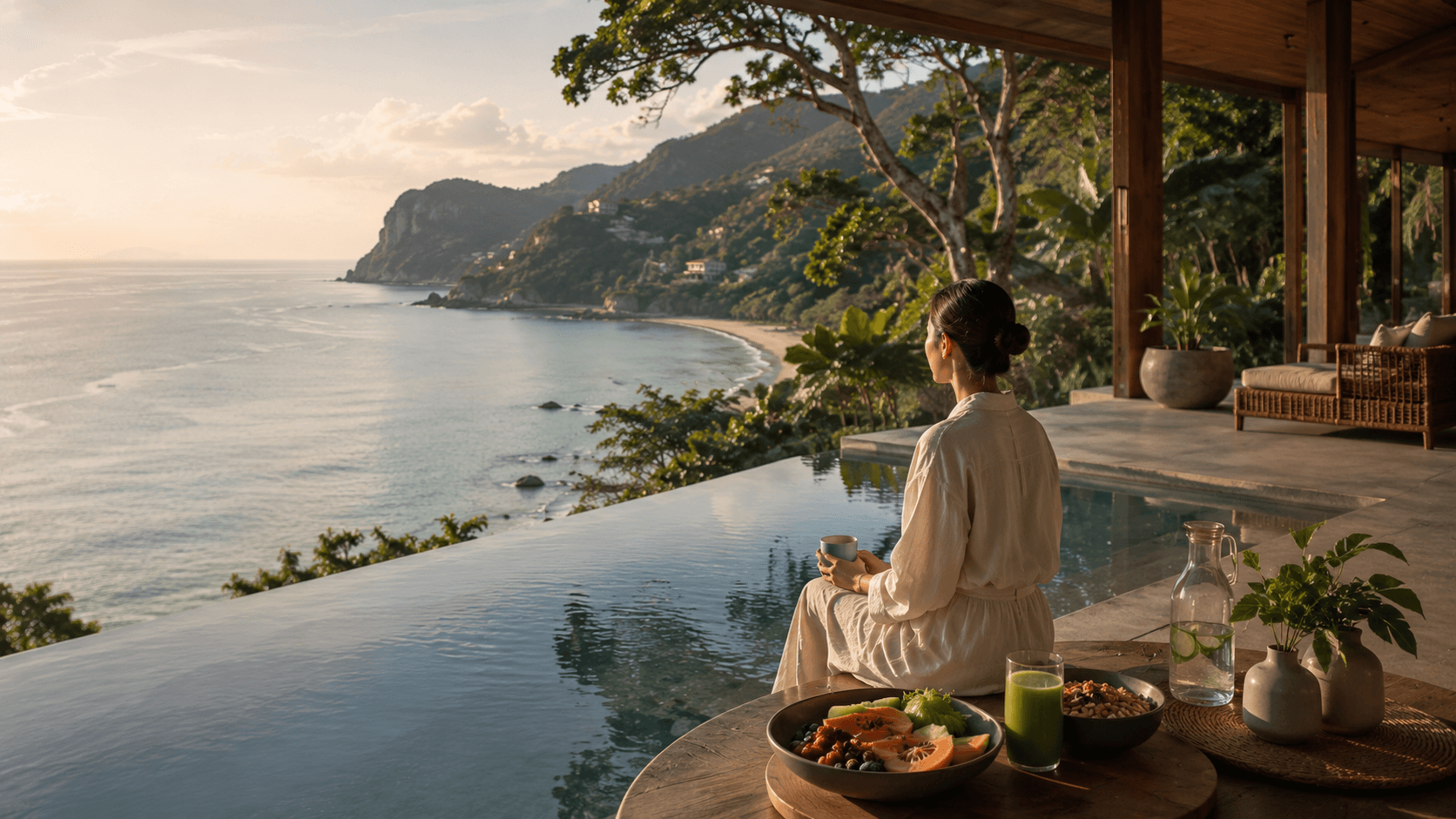A calm coastal wellness scene with a person practising quiet reflection by the water.