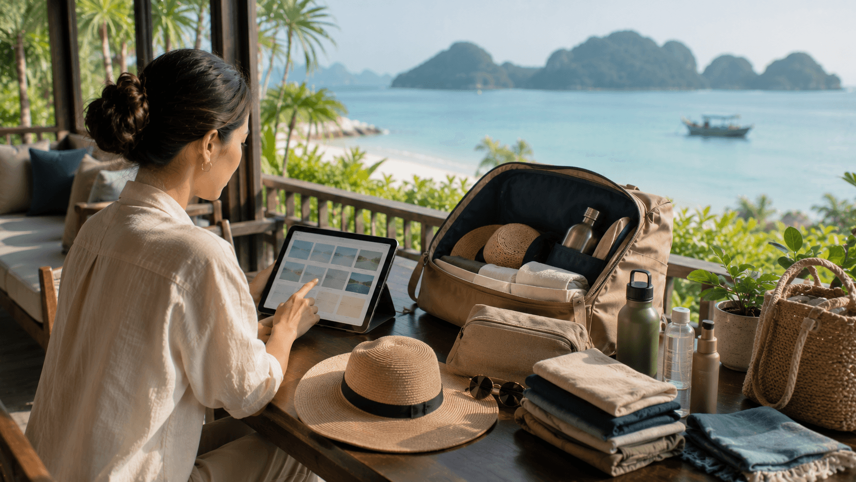 A traveler packing thoughtfully ahead of a responsible island trip.