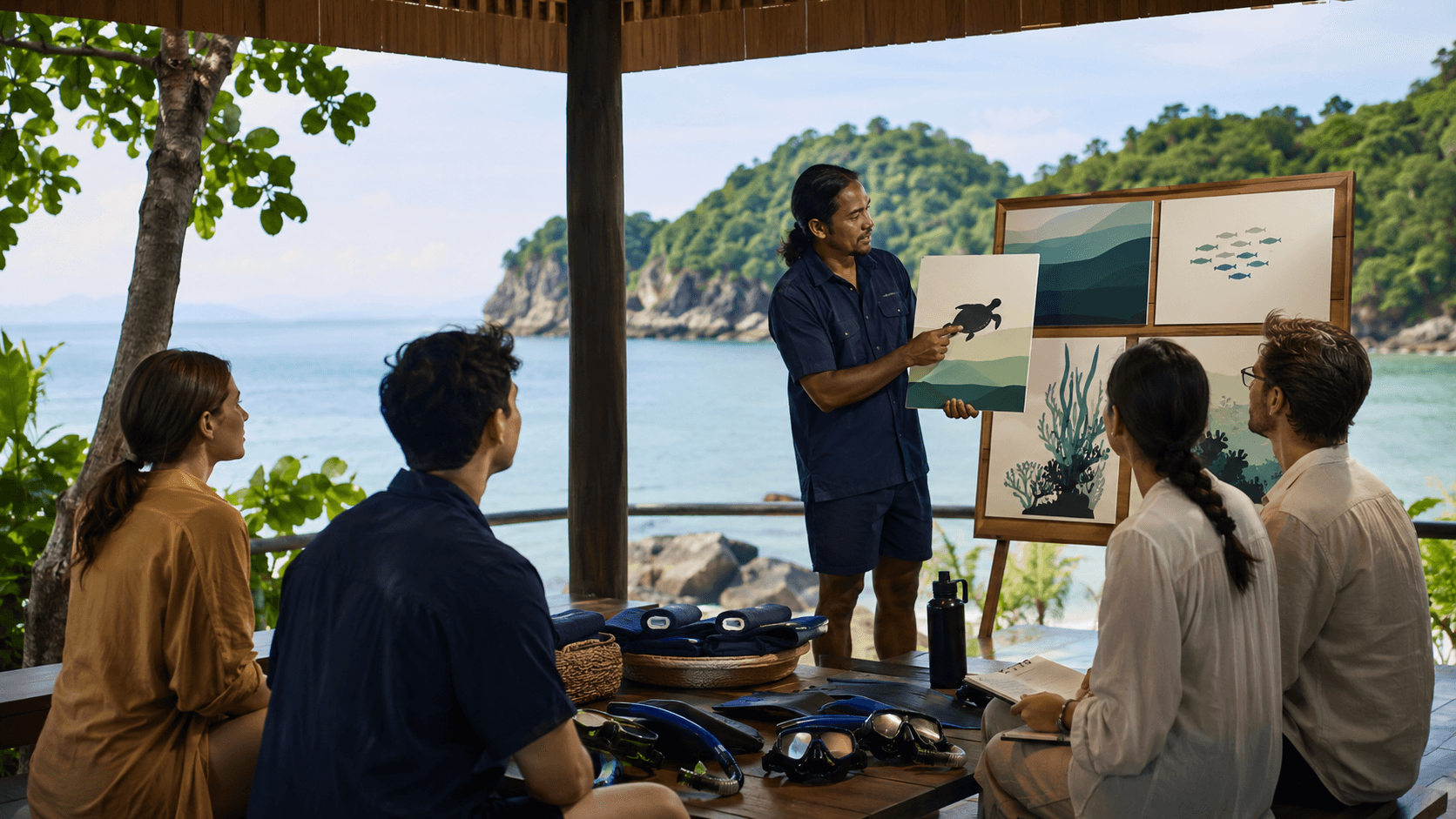A guide briefing a small group of travelers on marine life before a snorkeling trip.
