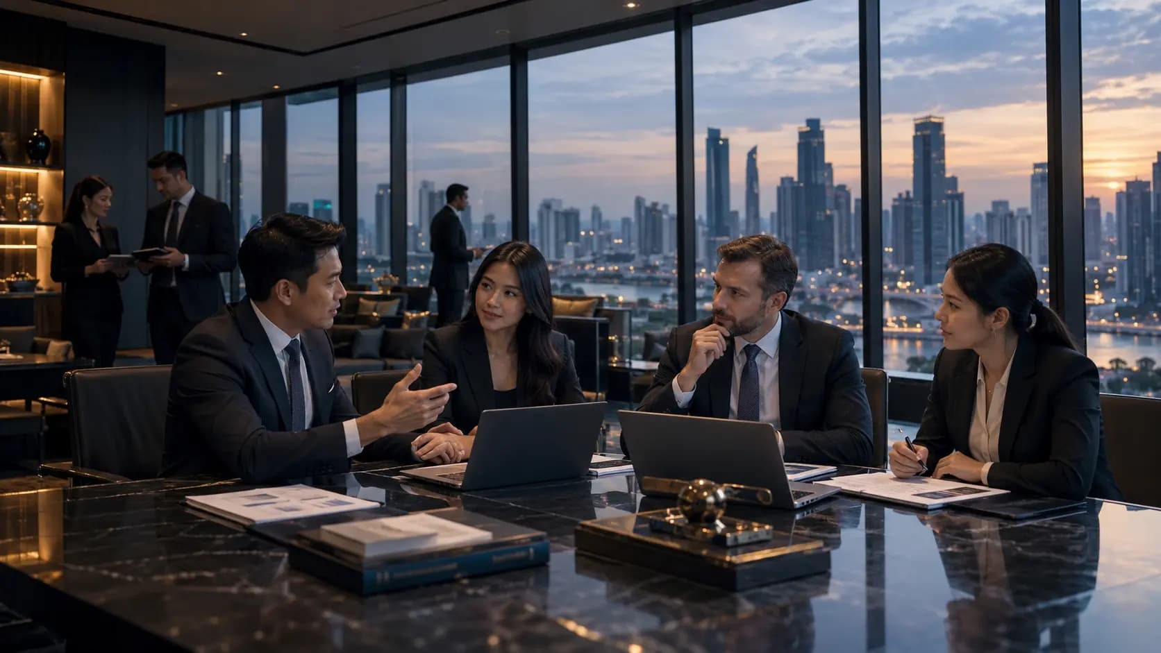 Four advisers in discussion at a boardroom table with the Bangkok skyline at dusk behind them