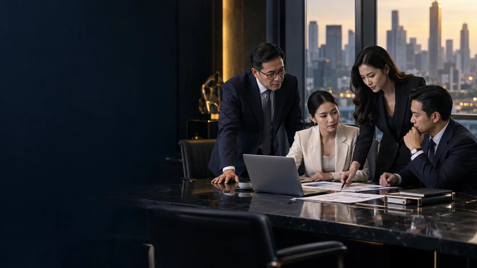 Professionals collaborating in a modern Bangkok office setting, representing Thailand's professional and business-services sector