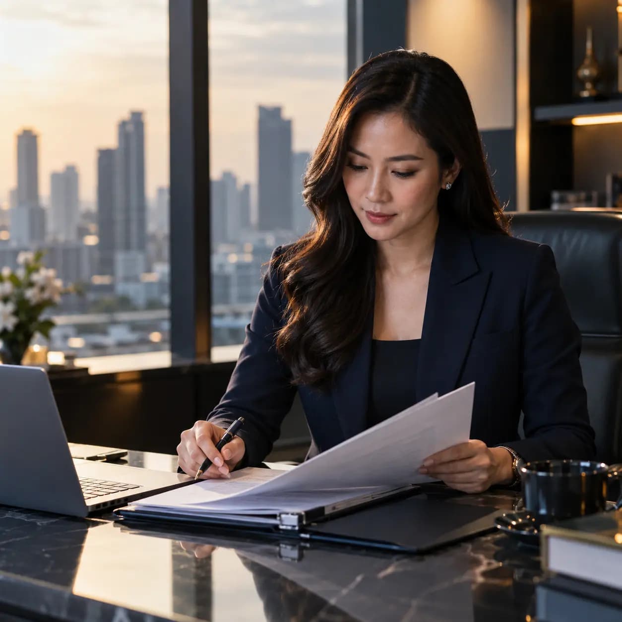 A Thai business professional reviewing documents at her desk, with the Bangkok skyline at dusk behind her