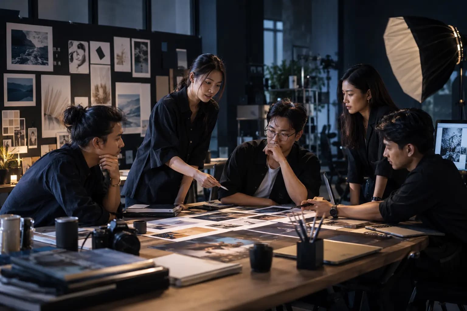 A creative team reviewing photography and mood-board layouts together
