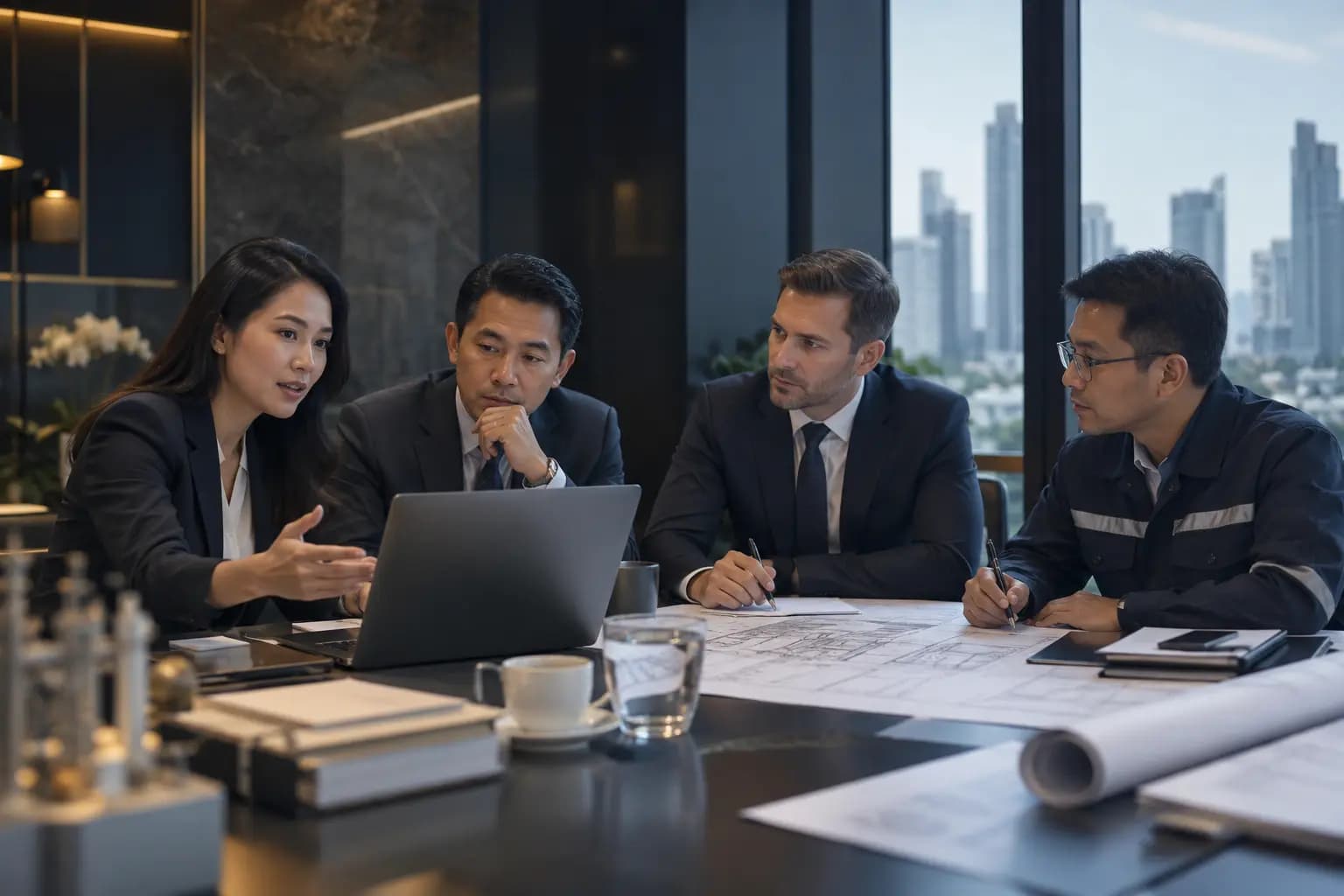 Three advisers discussing an investment-promotion opportunity around a table