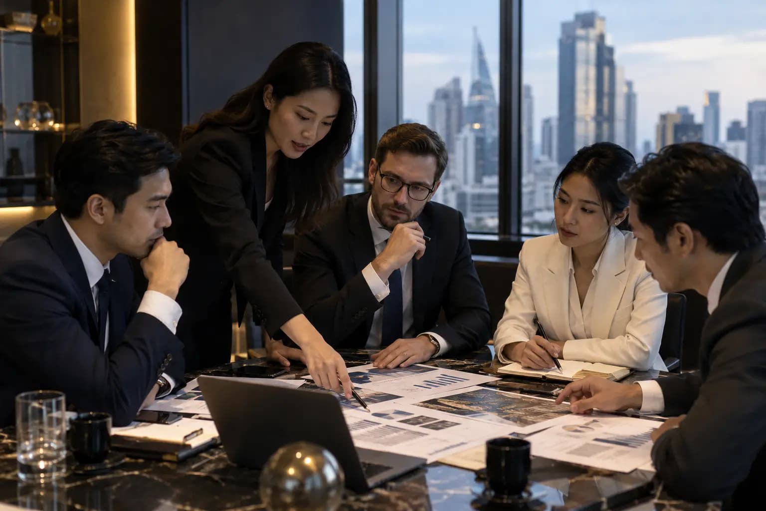 Five professional advisers reviewing strategy documents and charts around a table in a Bangkok office