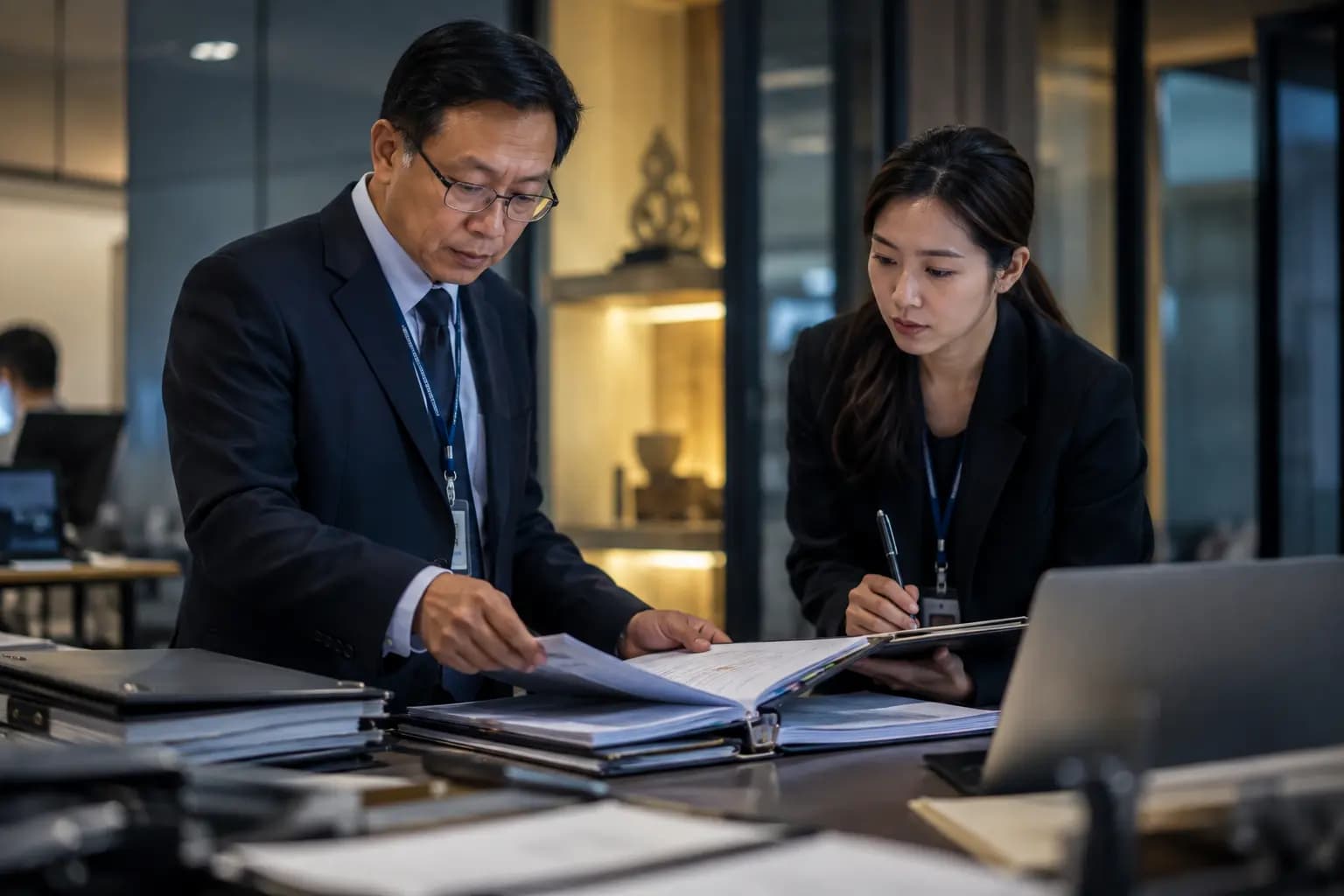 Two colleagues reviewing a certification binder together at a desk