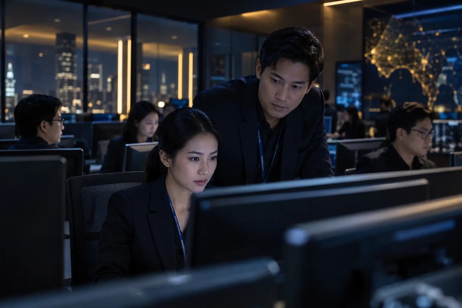 A manager reviewing data with an analyst in a digital operations center at night