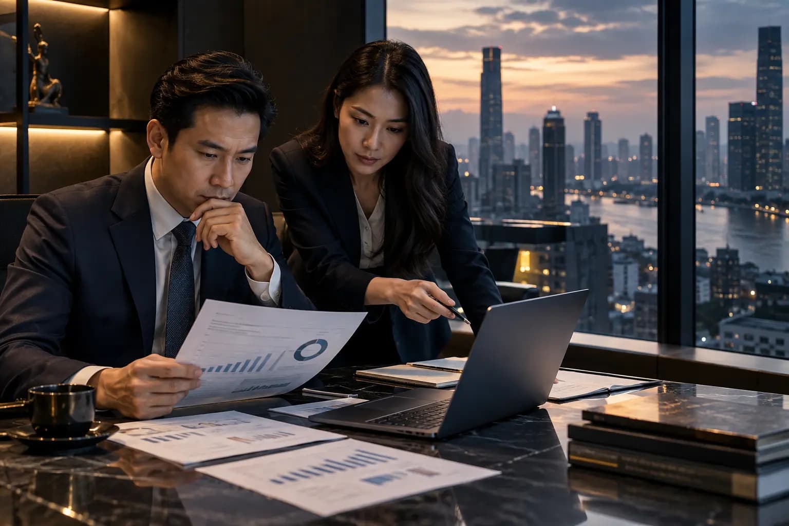 Two analysts reviewing economic and market-intelligence charts on paper and a laptop