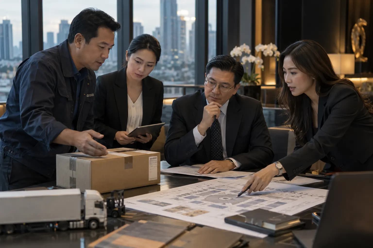 Four colleagues reviewing logistics and operations plans together around a table