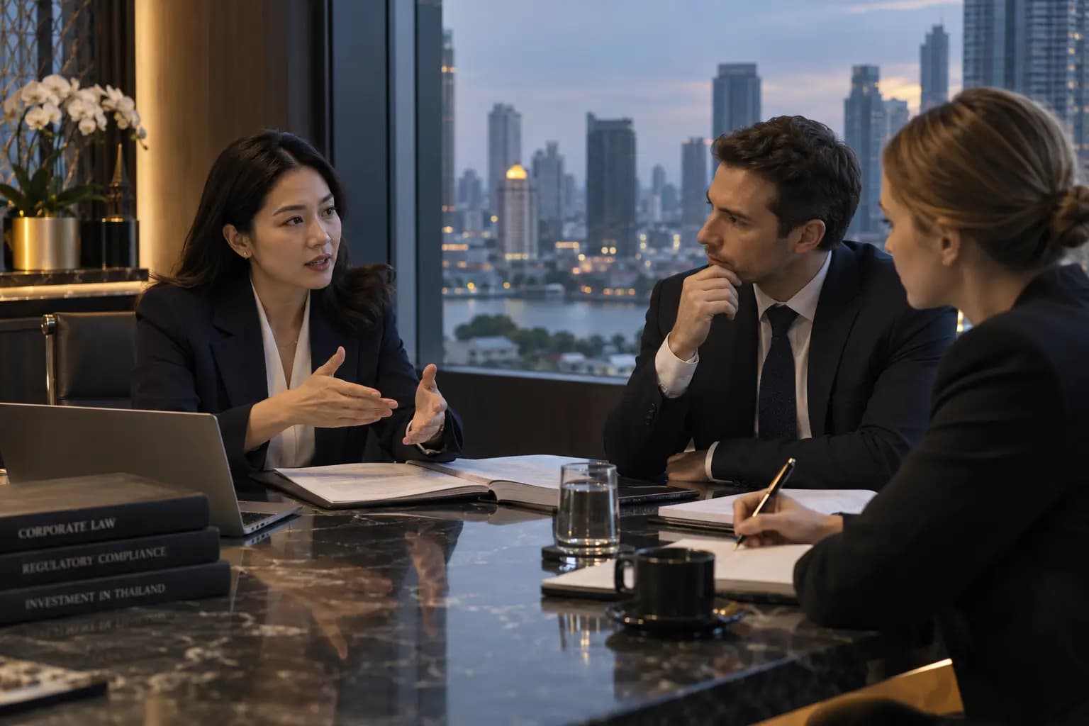 Three legal advisers in discussion beside law reference books, with the Bangkok skyline behind them