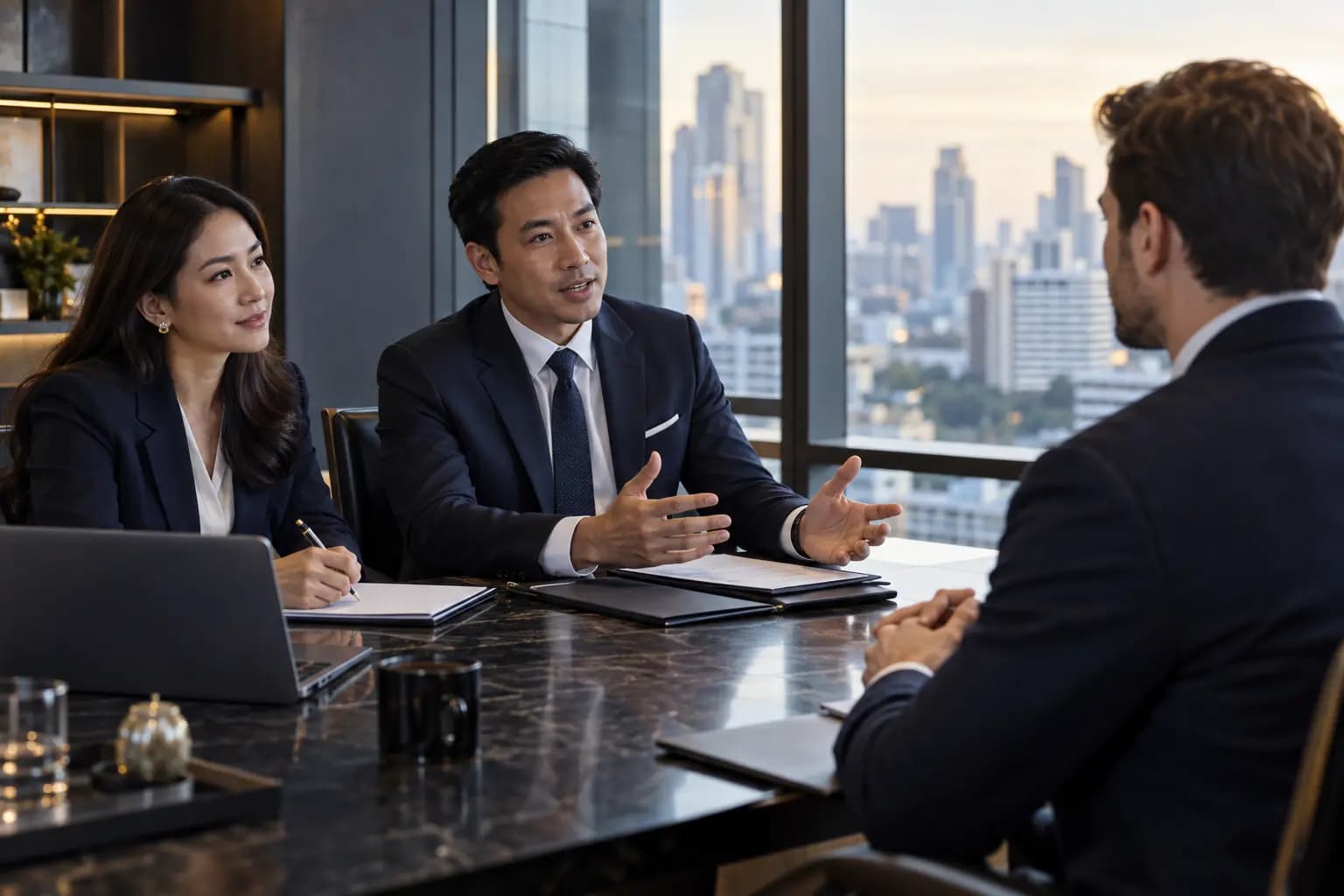 Three recruitment and HR consultants in discussion around a table