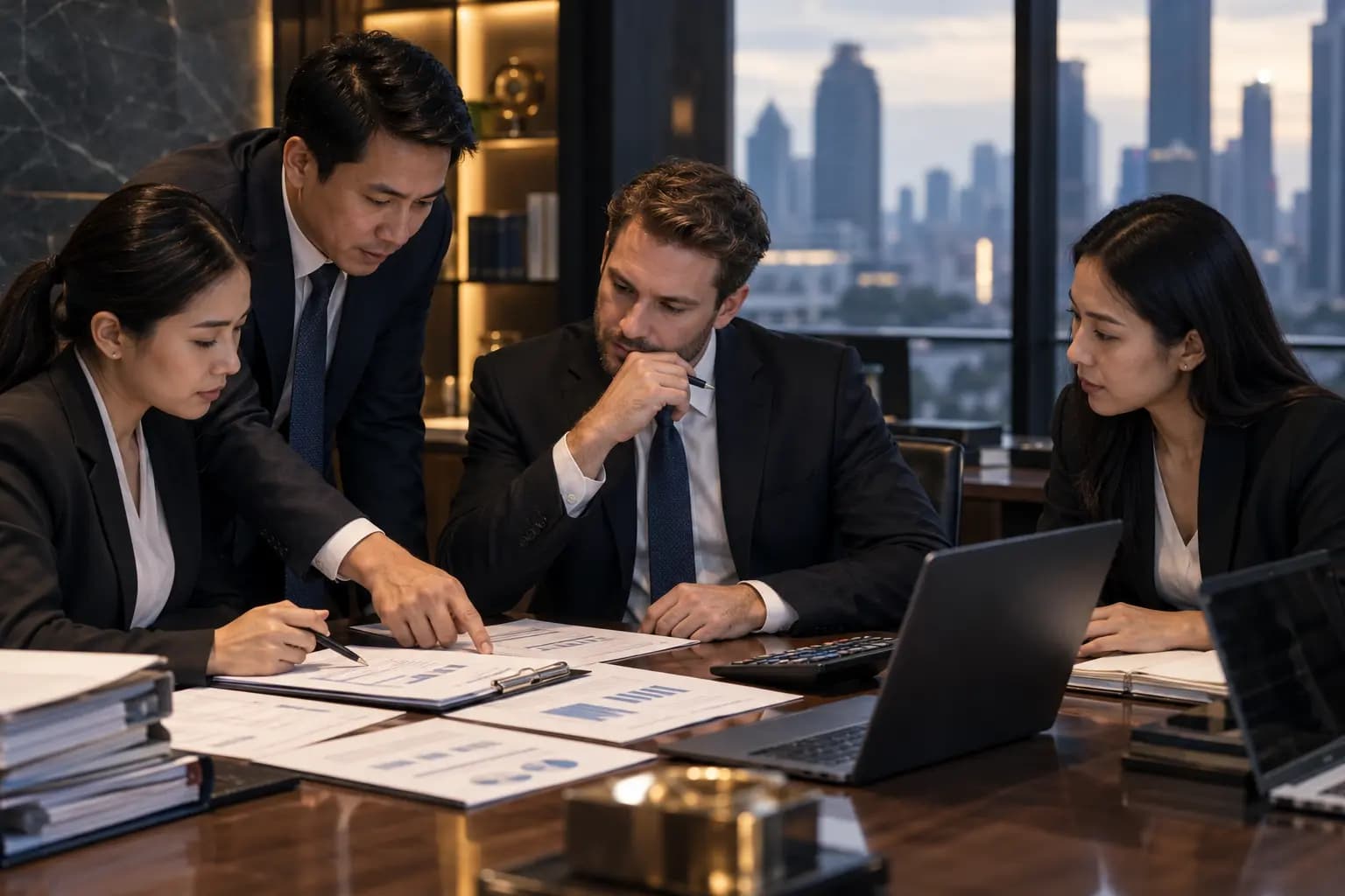 Four finance professionals reviewing tax and audit reports together