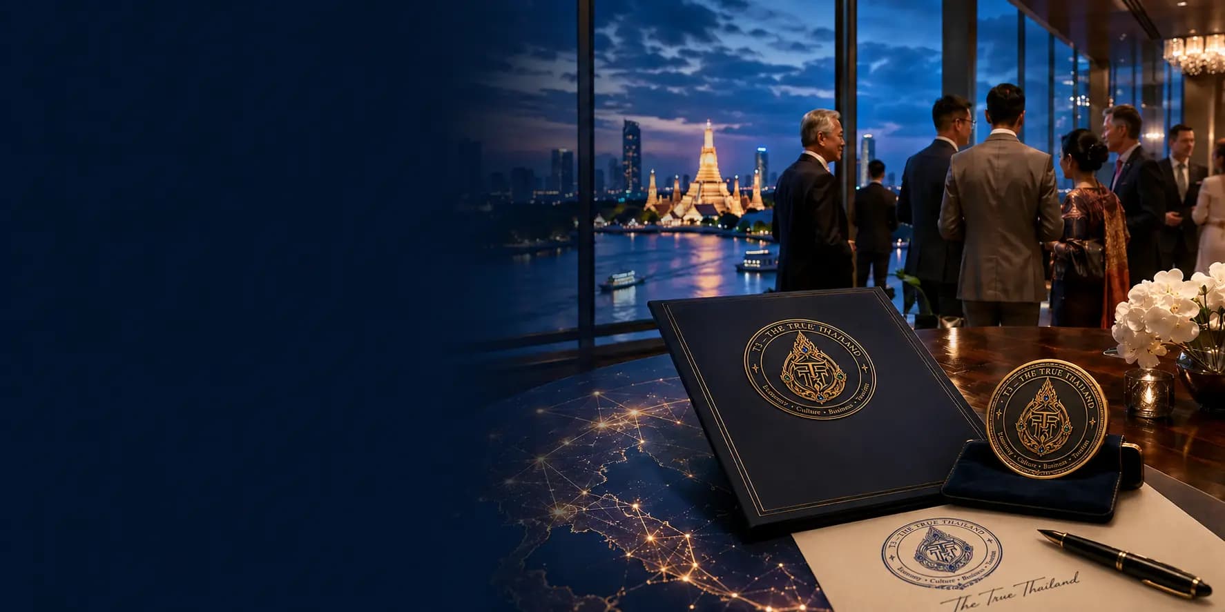 Two professionals beside a T3-branded leather folder and the Bangkok skyline at dusk, next to a cream document bearing the blue T3 seal impression and the handwritten signature 'The True Thailand'