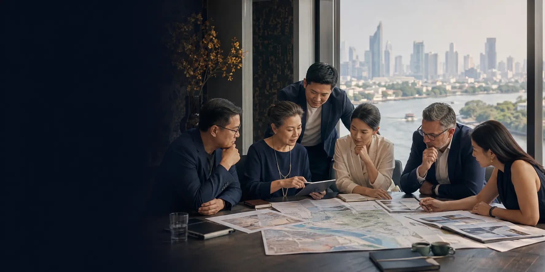 Six business professionals in discussion around a boardroom table covered with maps and documents, with the Bangkok river skyline visible through the windows