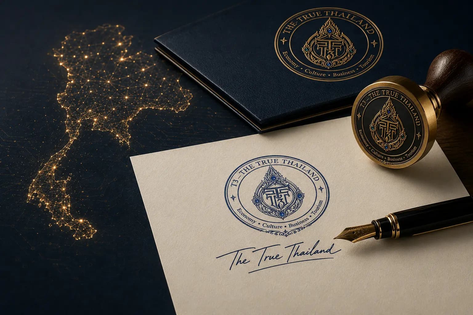 A cream document bearing a blue T3 seal impression and the handwritten signature 'The True Thailand', beside a fountain pen, the matching brass T3 stamp and a T3-branded folder