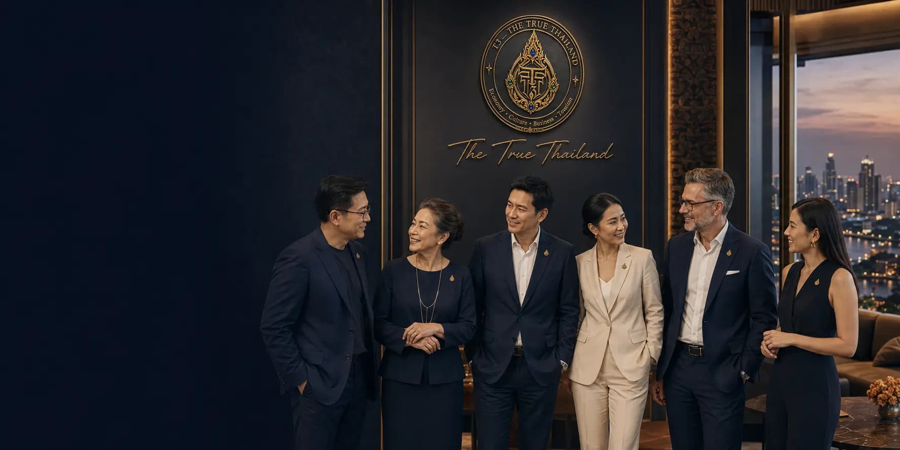 A conceptual group of six senior professionals in premium business attire with subtle T3 lapel pins, beside a T3-branded wall bearing the T3 seal and the handwritten signature 'The True Thailand', with the Bangkok skyline through a window
