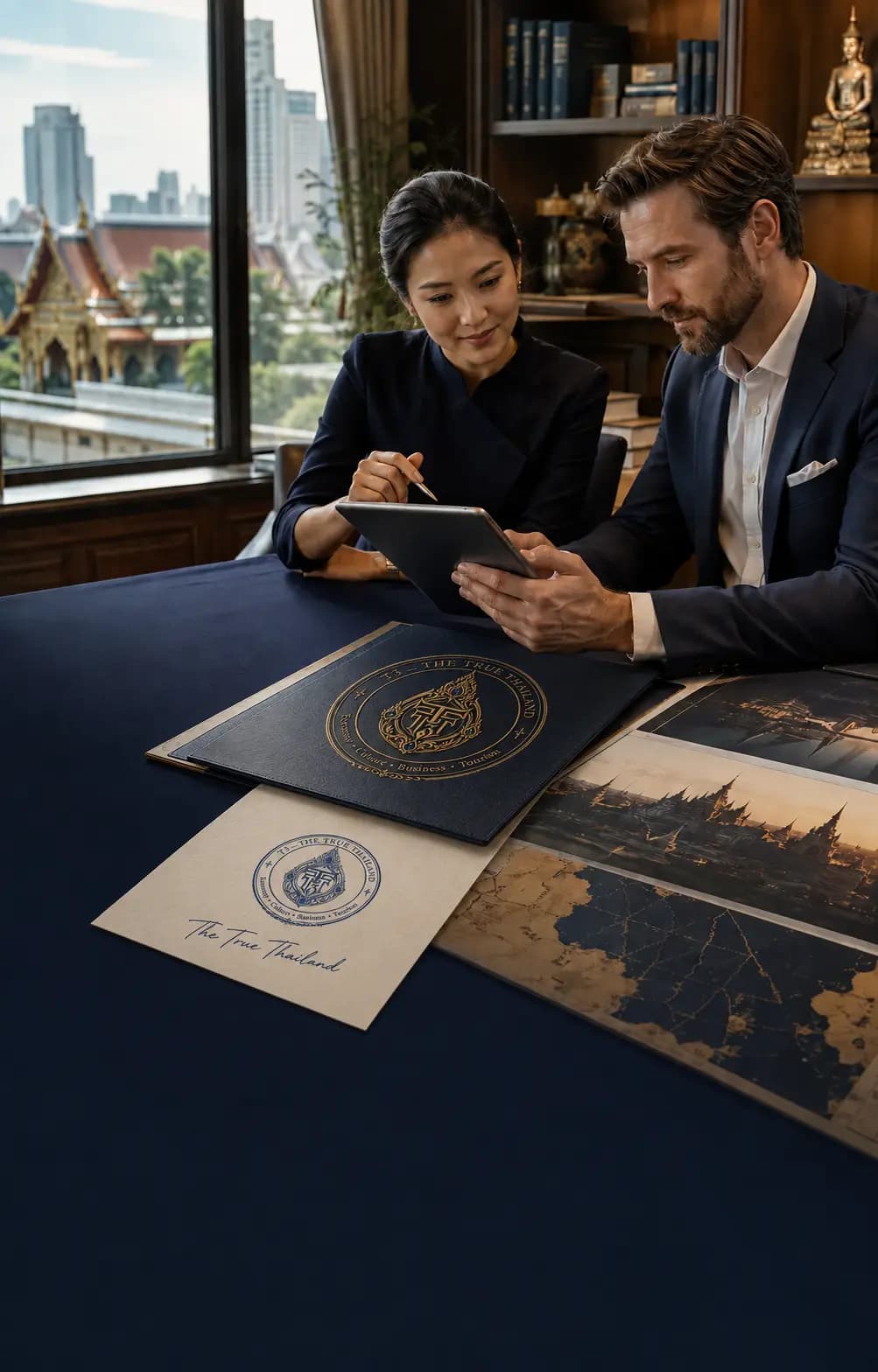 Two professionals reviewing a tablet beside a T3-branded folder, with a cream document bearing the blue T3 seal and the handwritten signature 'The True Thailand' in the foreground, and the Bangkok skyline through the window