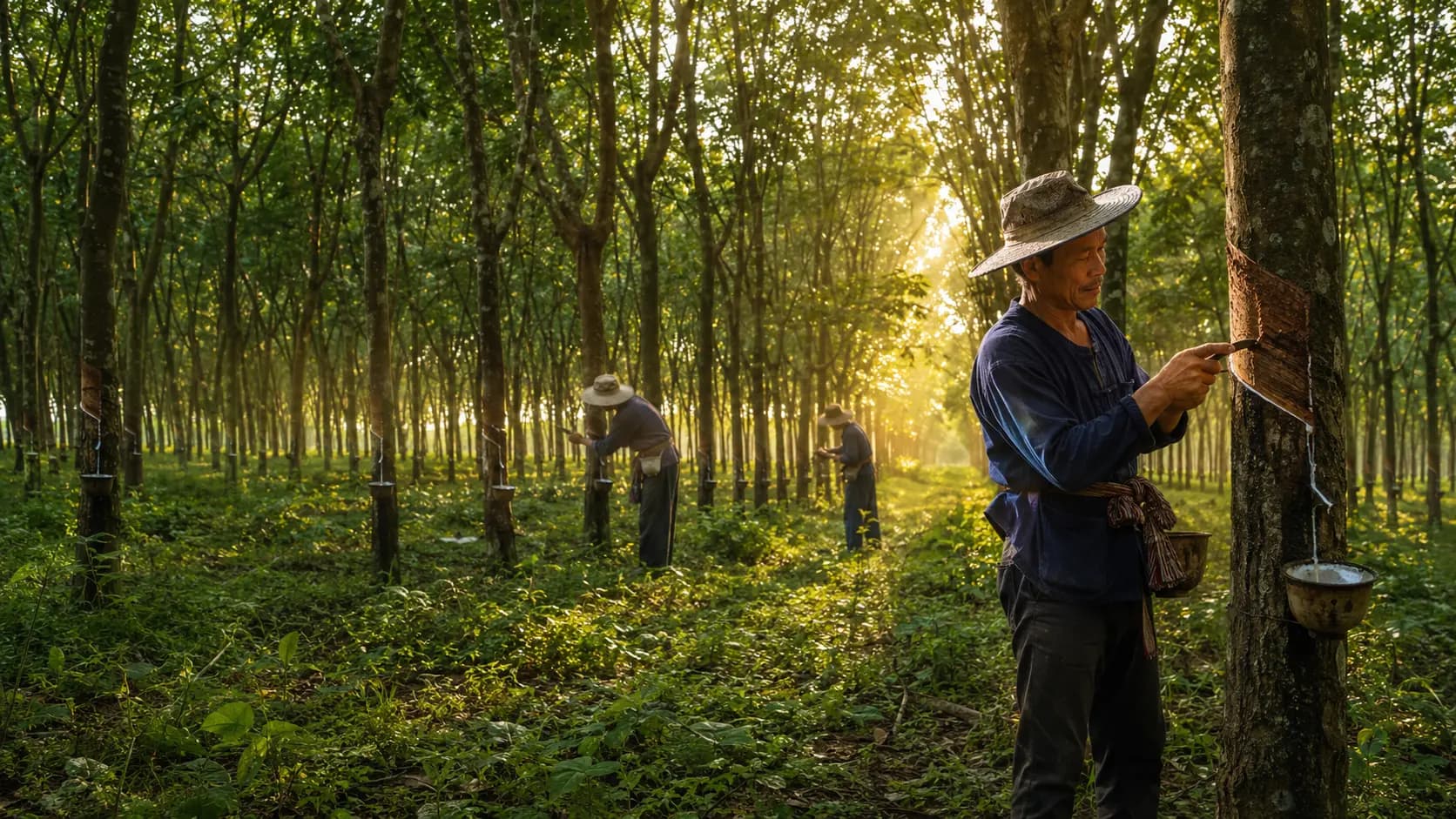 Rubber plantation tapping in Thailand