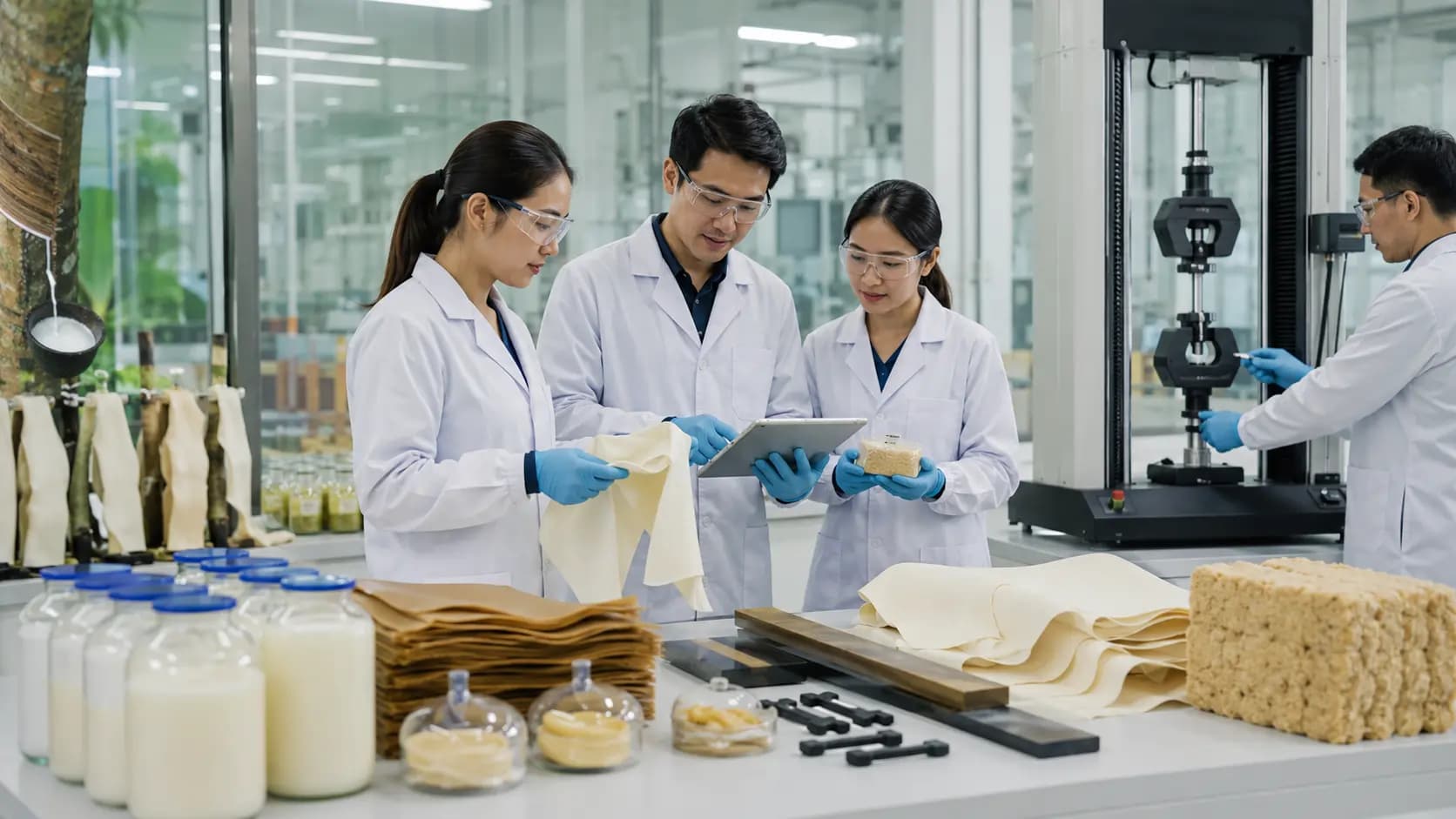 Thai researchers testing natural rubber and latex materials in a modern laboratory