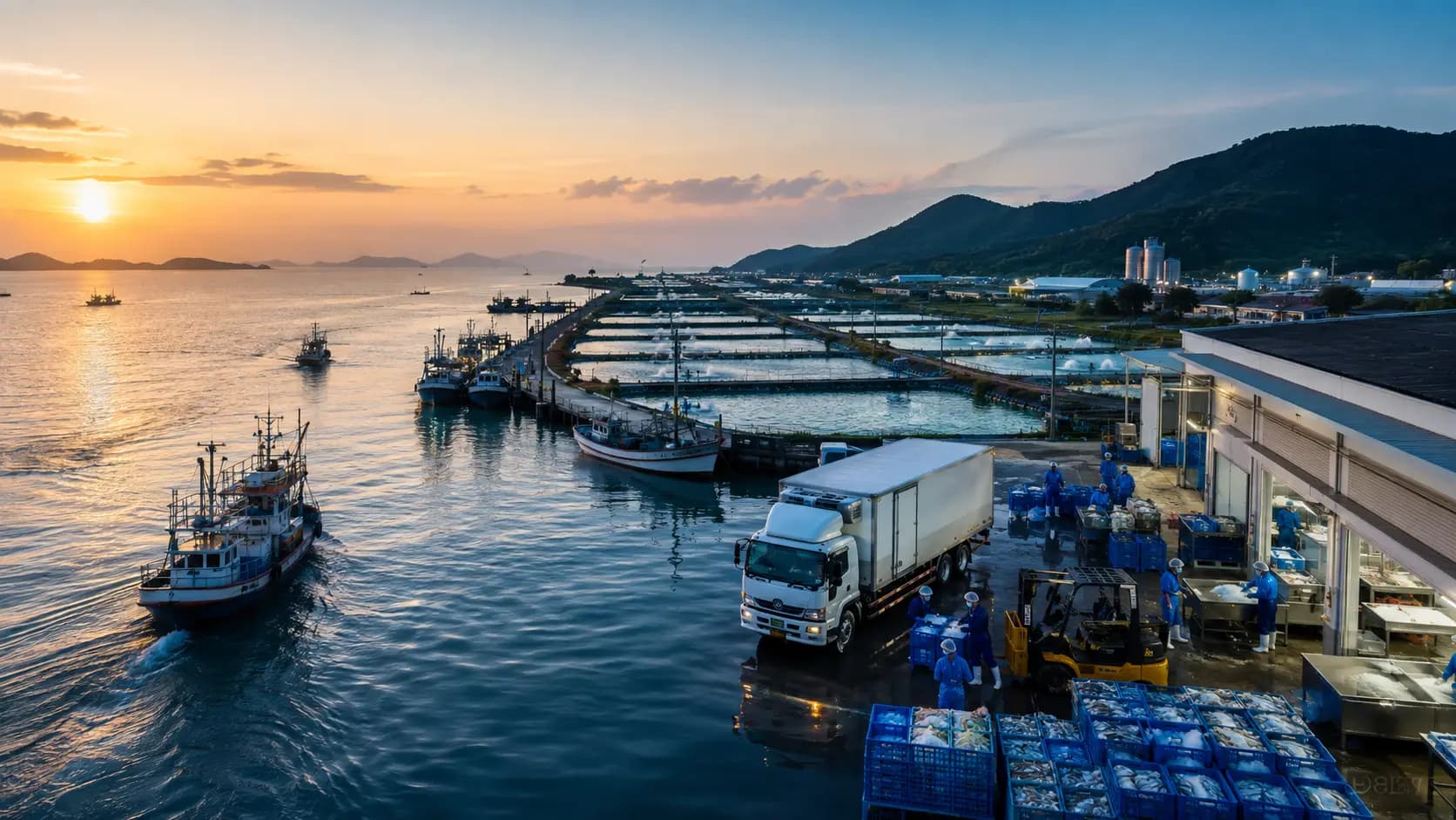 Thai seafood industry — fishing vessels, processing lines and export-grade product representing Thailand's seafood value chain