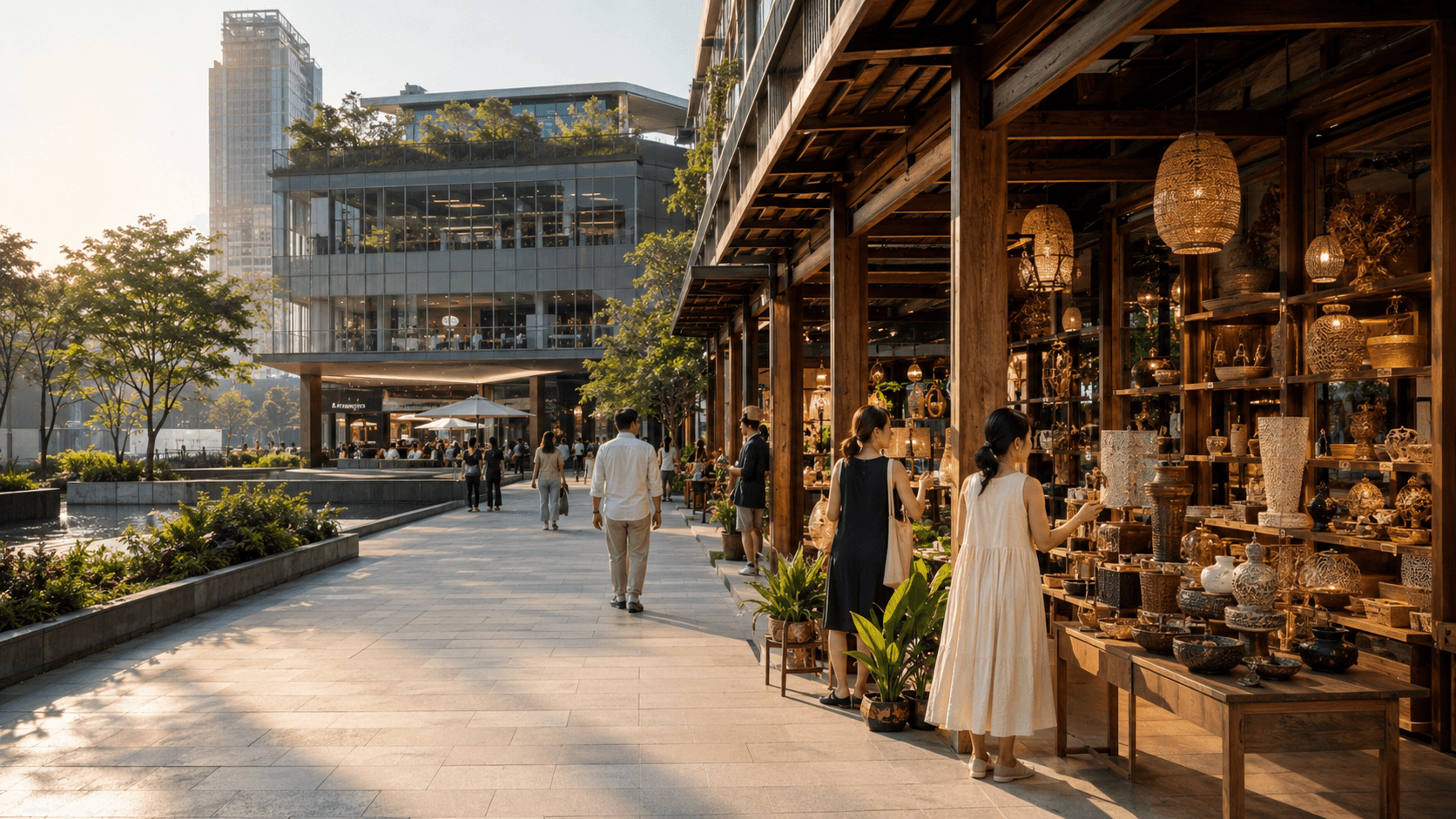 Contemporary shopping and Thai artisan retail in an urban Thailand setting