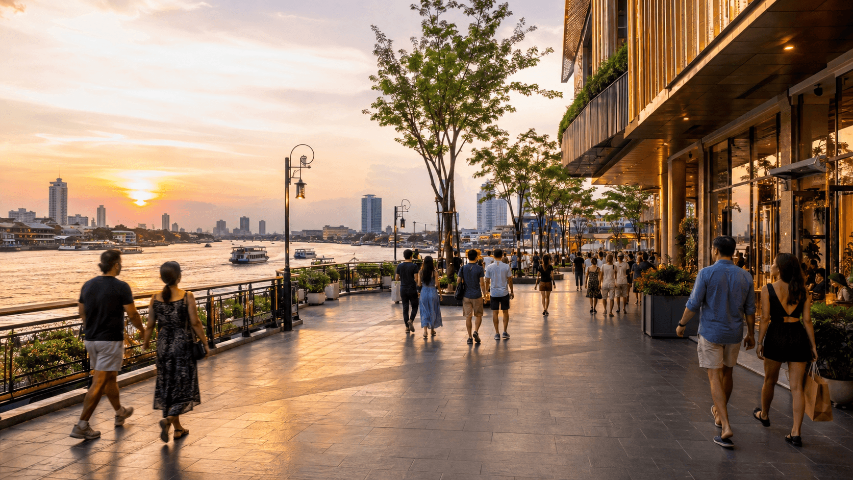 Editorial imagery of riverside shopping and dining in Bangkok