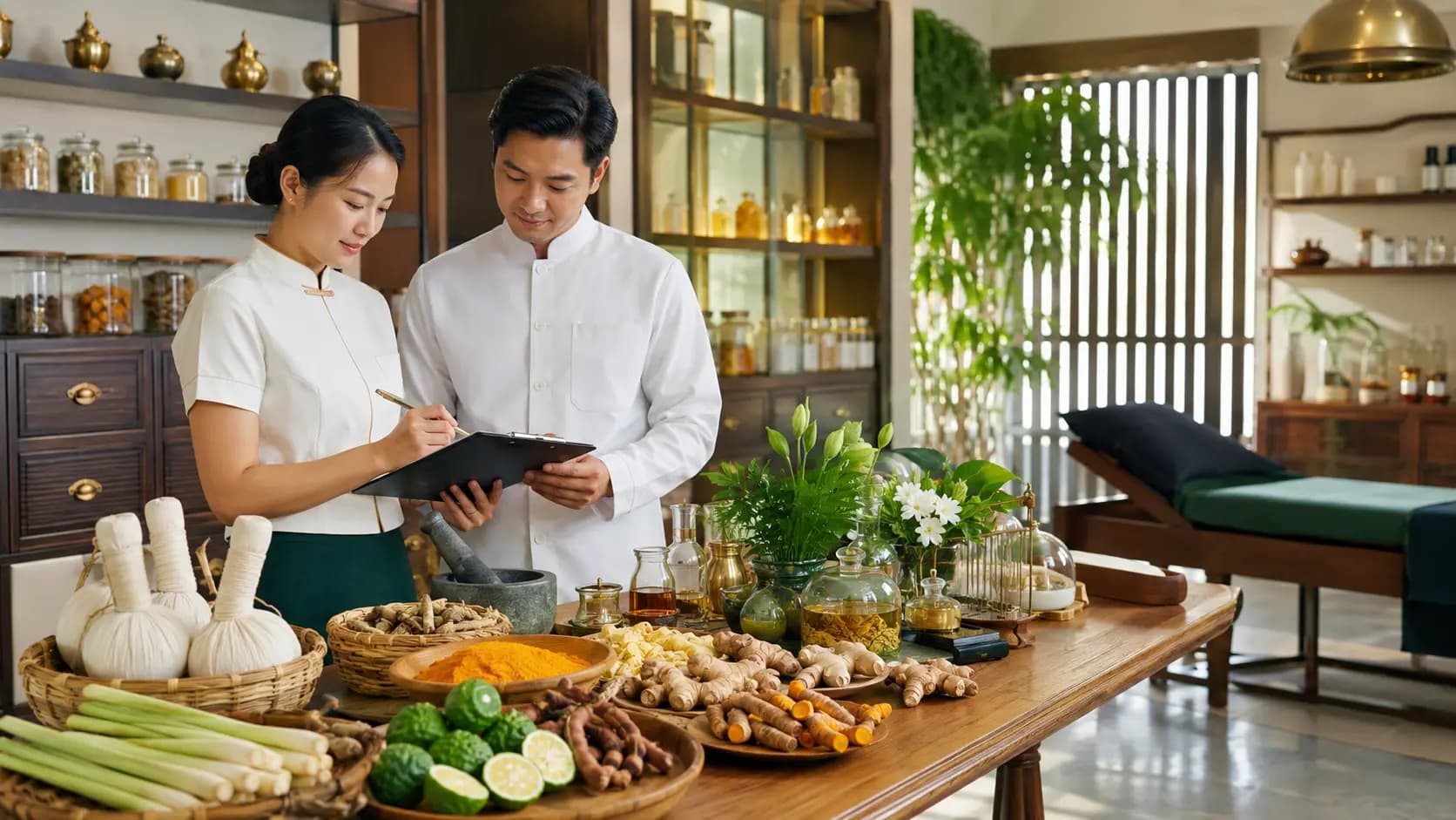 Traditional Thai herbal medicine and botanical ingredients used in wellness products.