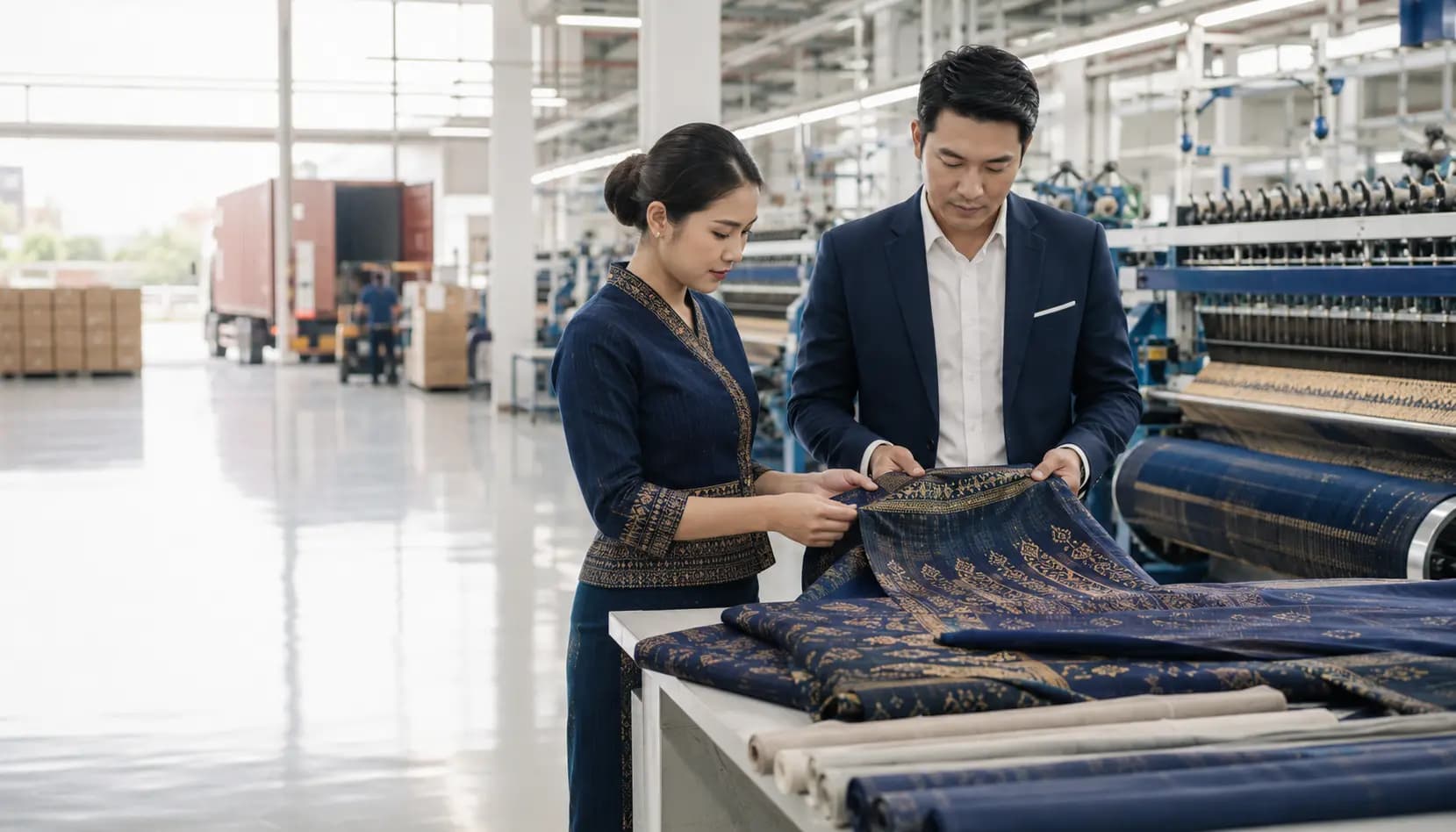 Thai textile professionals reviewing fabric in a modern manufacturing facility.