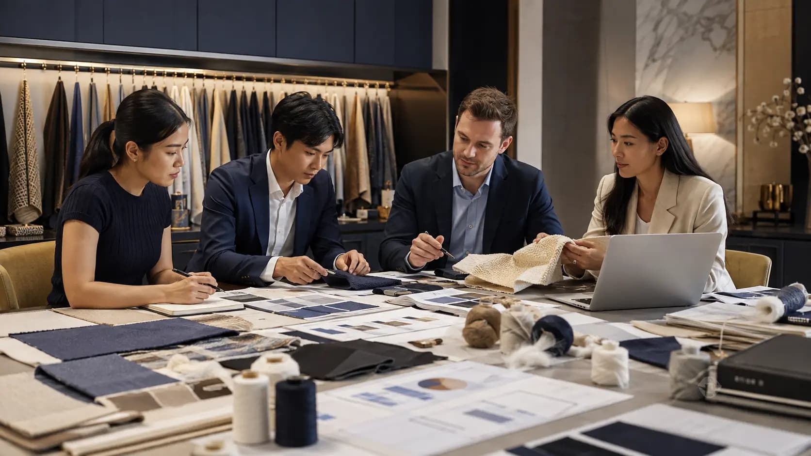 Textile analysts reviewing material samples and source documents.