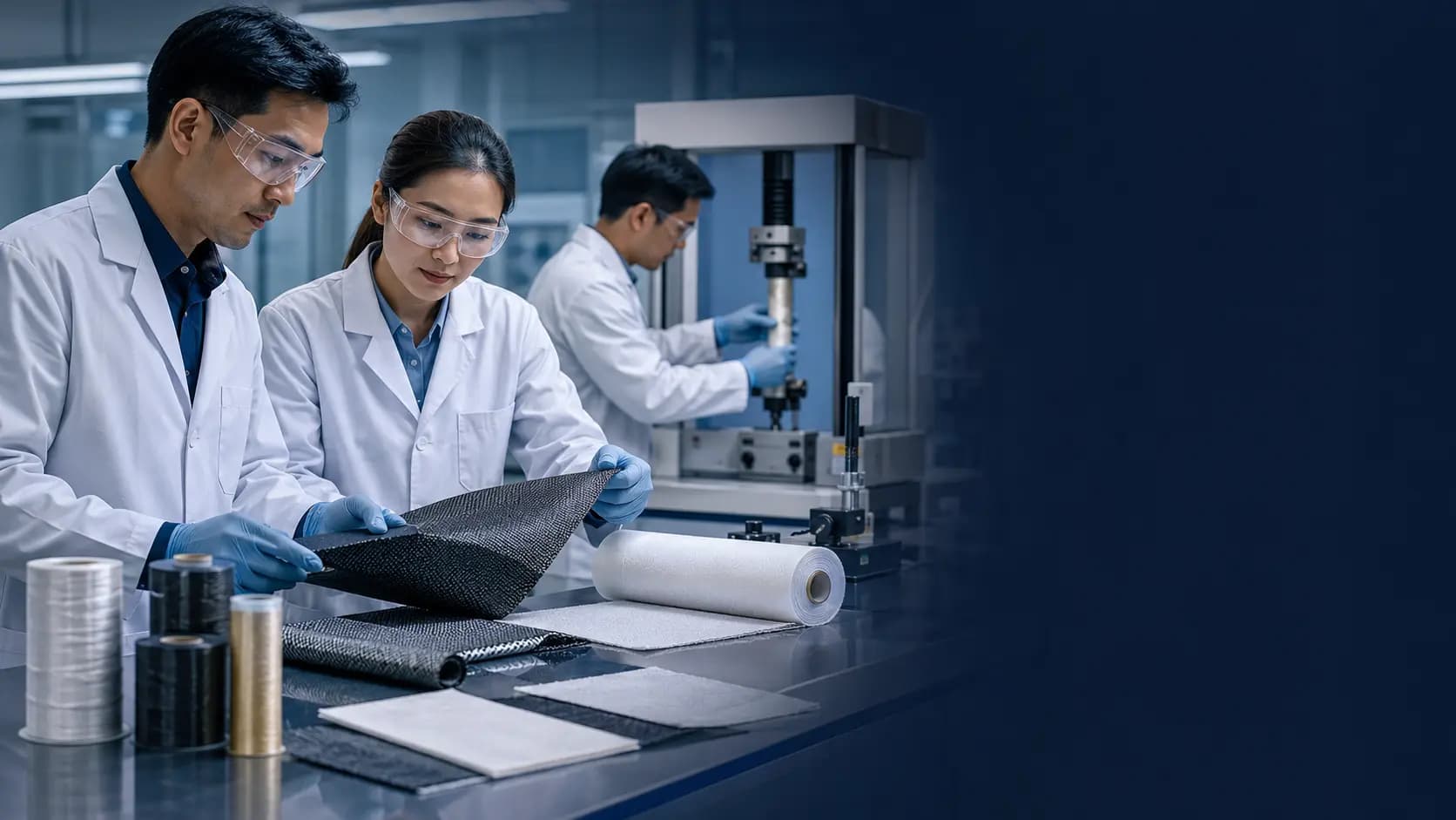 Materials scientists testing functional textile samples in a laboratory.