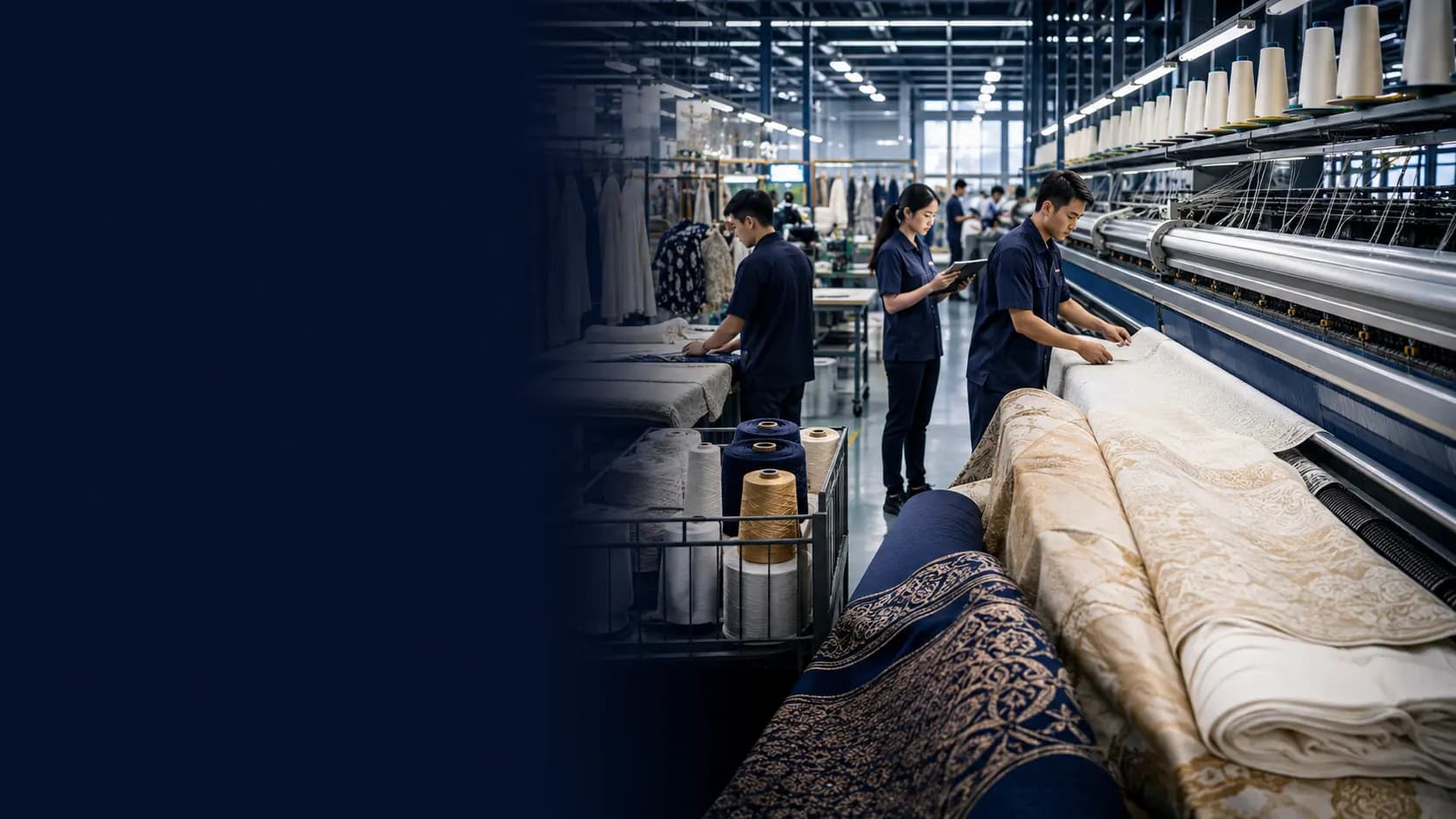 Editorial visualisation of Thailand's textile and apparel industry — factory production activity across spinning, weaving and garment manufacturing.